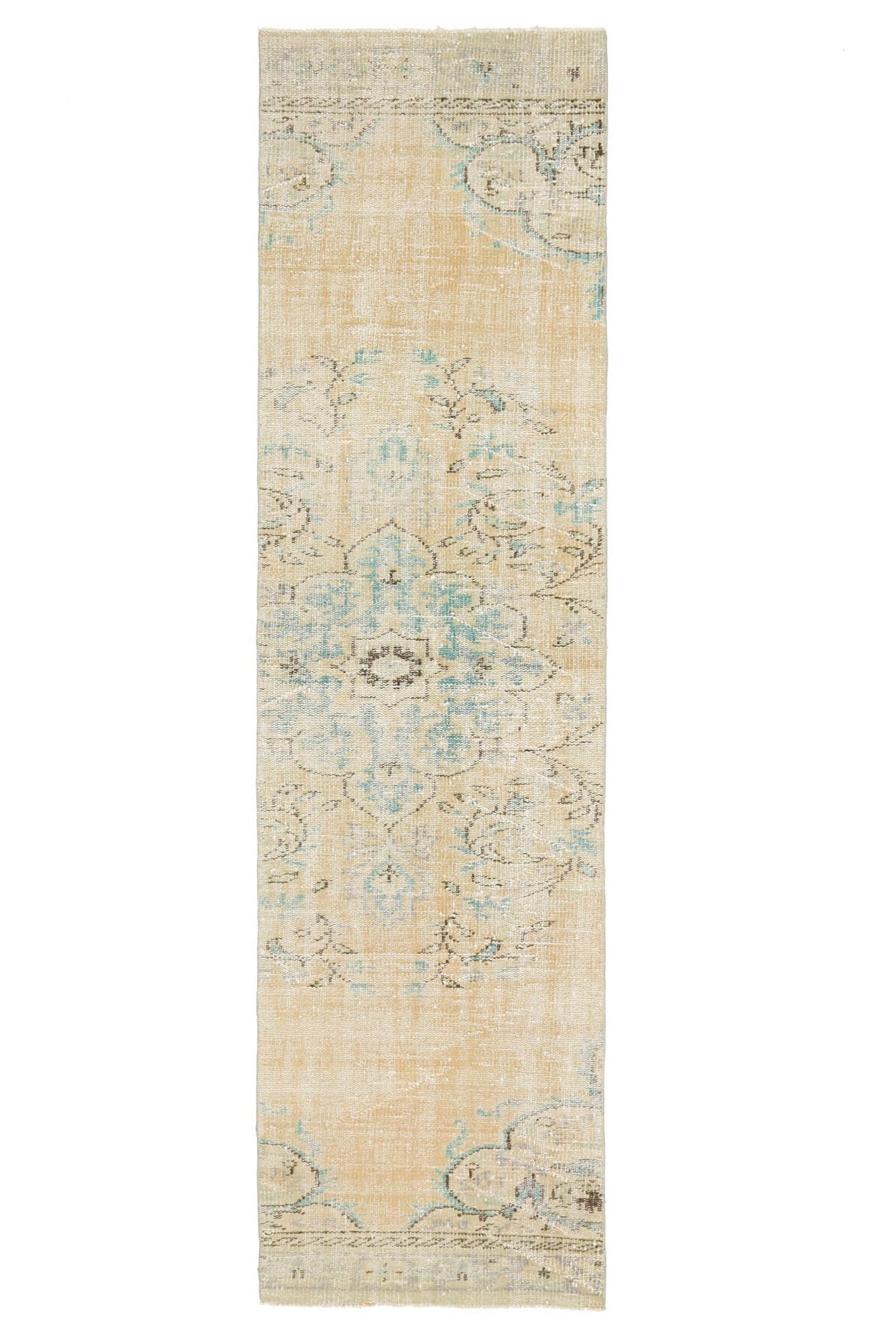 72x271 cm turuncu ve bej oryantal desenli el dokuma vintage yolluk – üstten tam görünüm