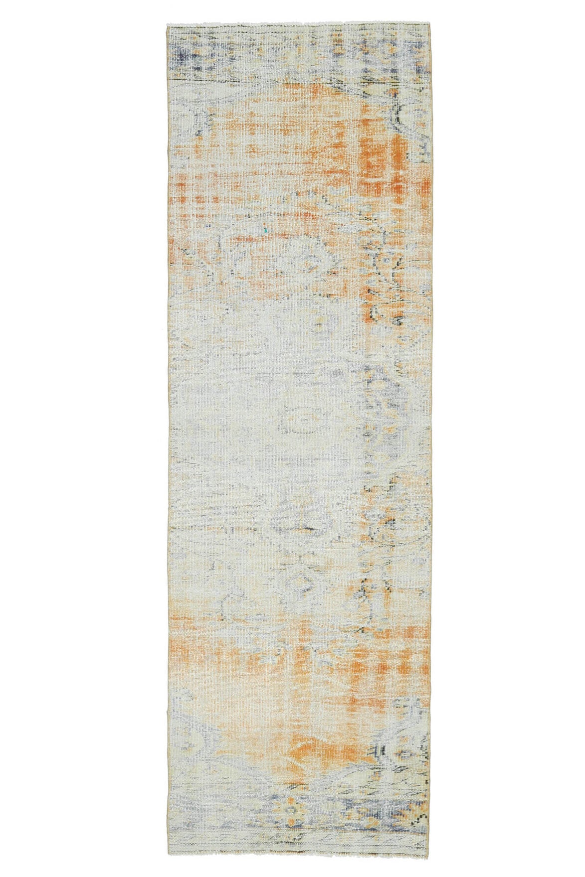 80x275 cm bej, beyaz ve gri oryantal desenli el dokuma vintage yolluk – üstten tam görünüm