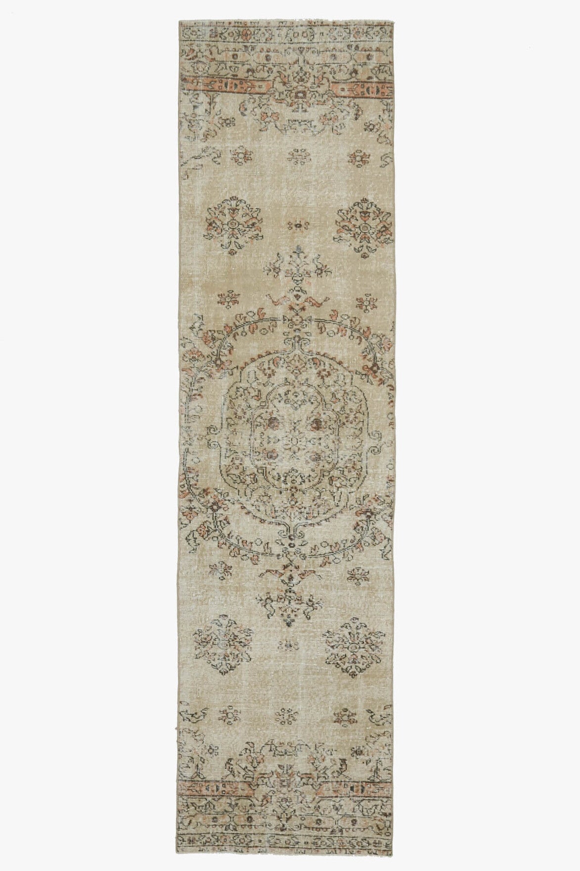 80x311 cm bej ve turuncu çiçek desenli el dokuma vintage yolluk – üstten tam görünüm