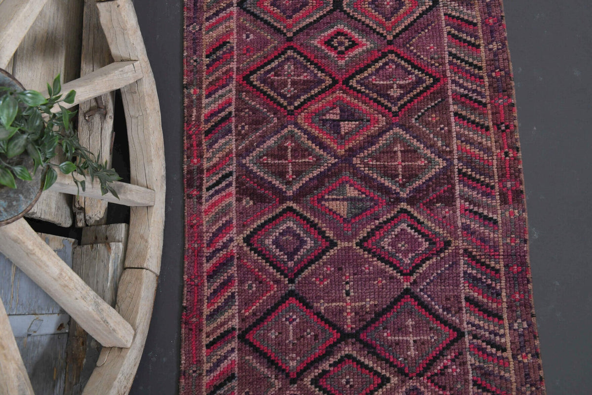 Antre ve koridor için baklava desenli el dokuma vintage yolluk – 79x391 cm