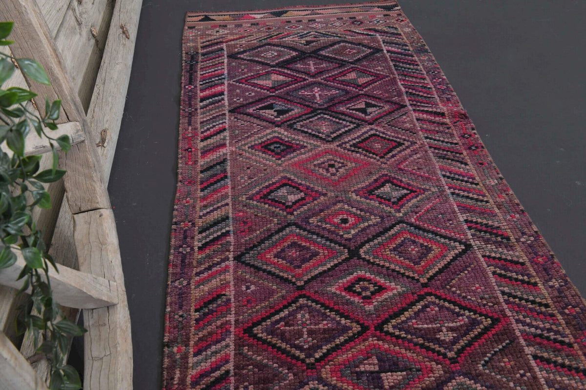 Vintage yolluk 79x391 cm – kırmızı baklava desenli, el dokuma