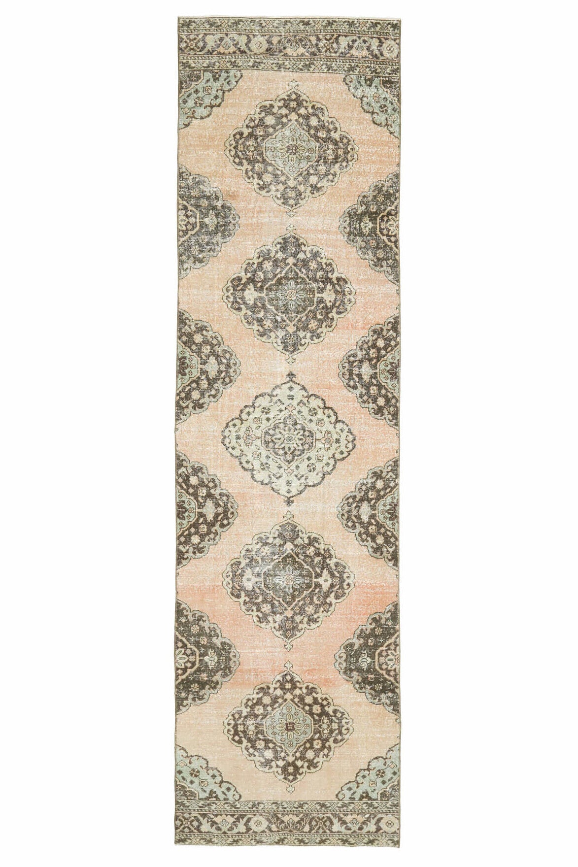 98x393 cm turuncu, bej ve kahverengi ikat desenli el dokuma vintage yolluk – üstten tam görünüm