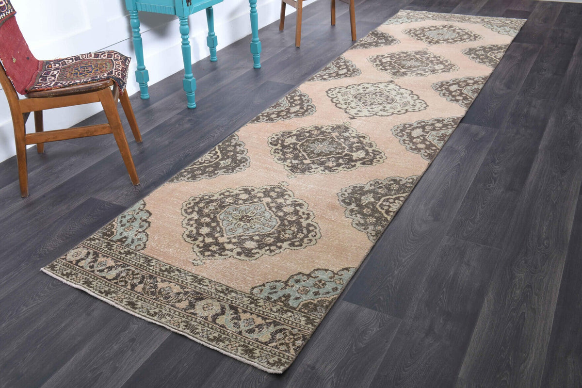 El yapımı vintage yolluk 97x394 cm i̇kat desenli yün - yakın çekim doku detayı
