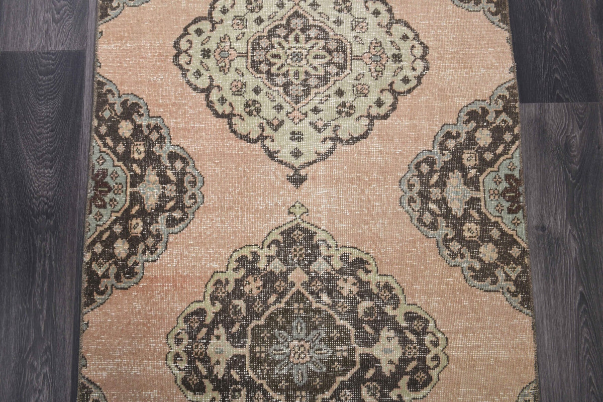 Antre ve koridor için ikat desenli el dokuma vintage yolluk – 98x393 cm