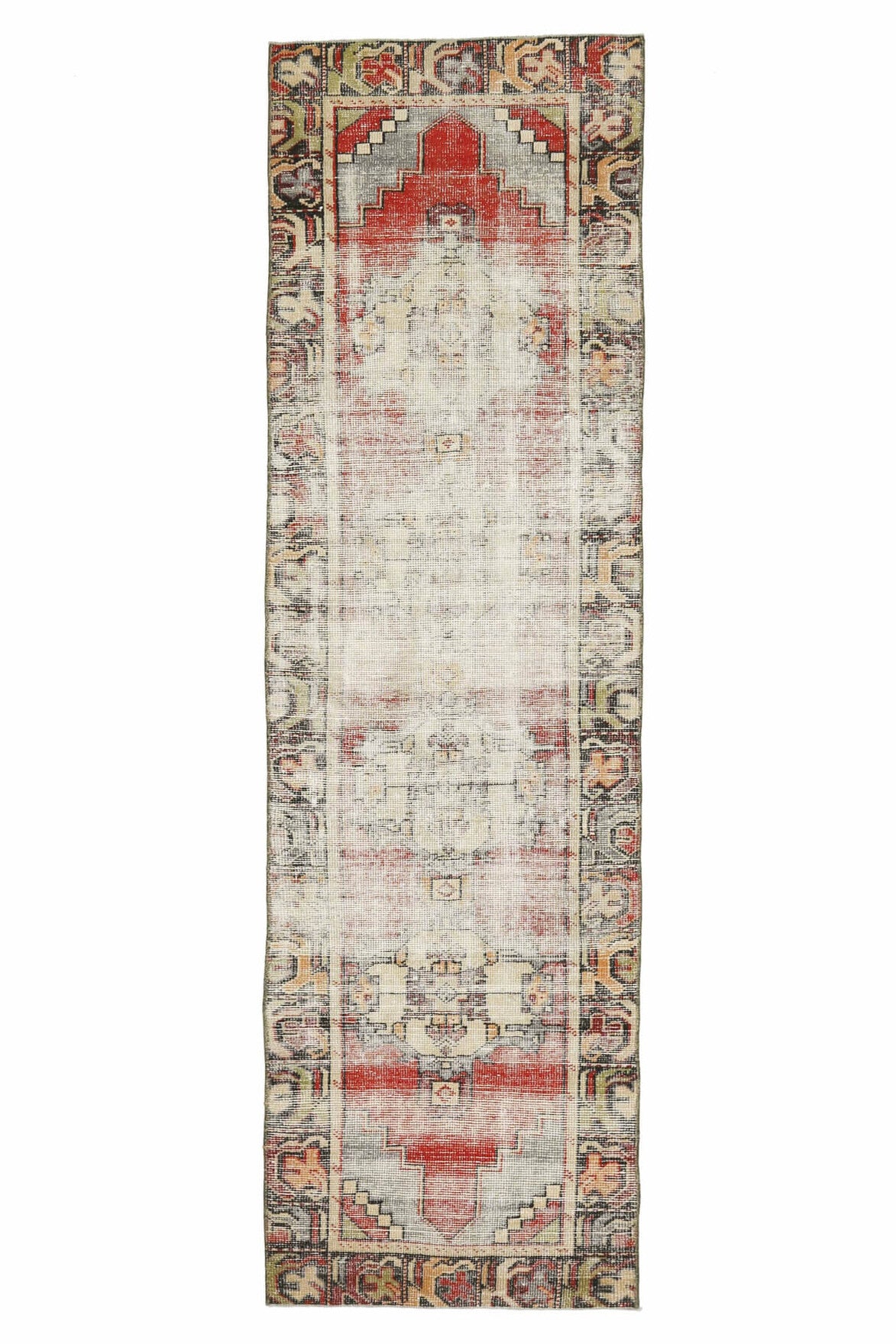 73x265 cm bej ve turuncu soyut desenli el dokuma vintage yolluk – üstten tam görünüm