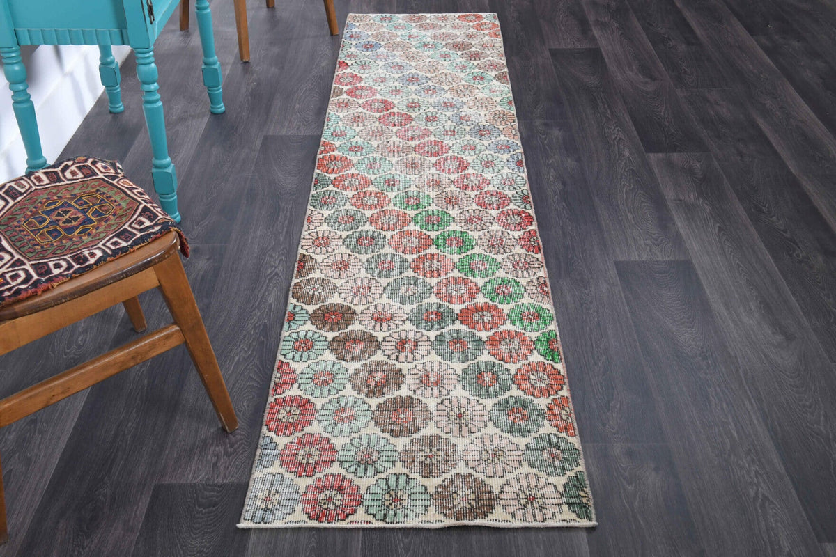 El yapımı vintage yolluk 64x277 cm çiçek desenli desenli yün - detay görünümü