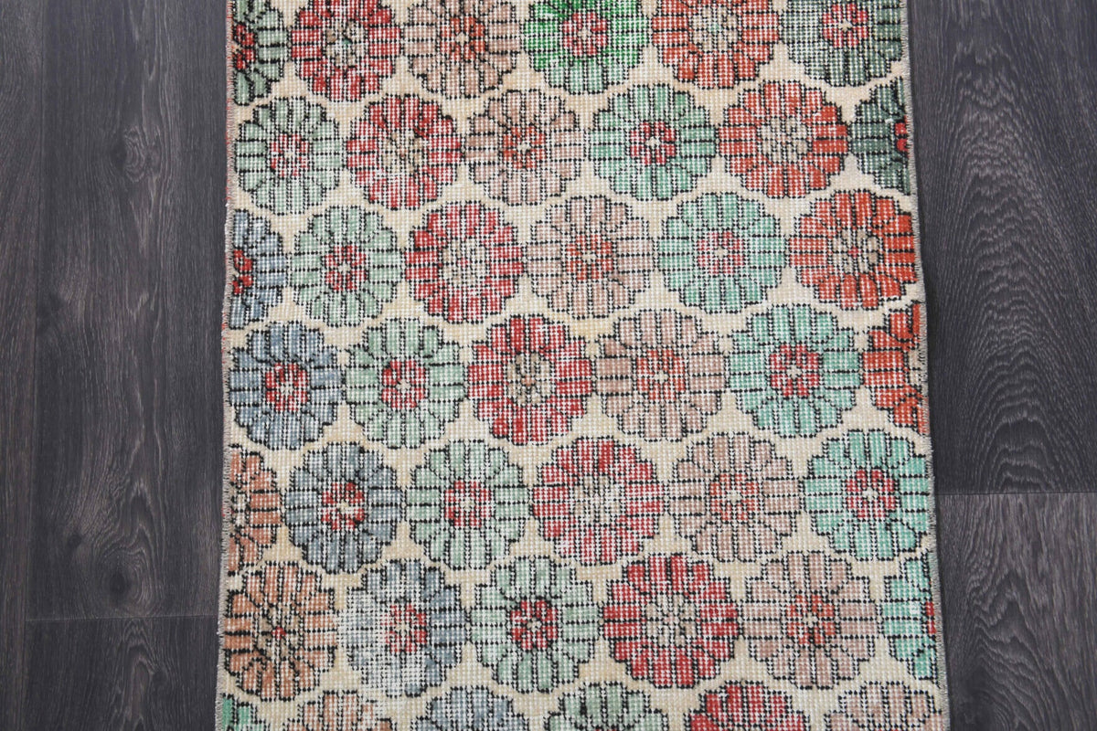Vintage yolluk 64x276 cm – bej, yeşil ve turuncu çiçek desenli, el dokuma