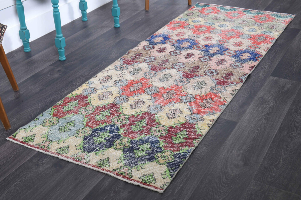 El yapımı vintage yolluk 91x241 cm i̇kat desenli yün - yakın çekim doku detayı