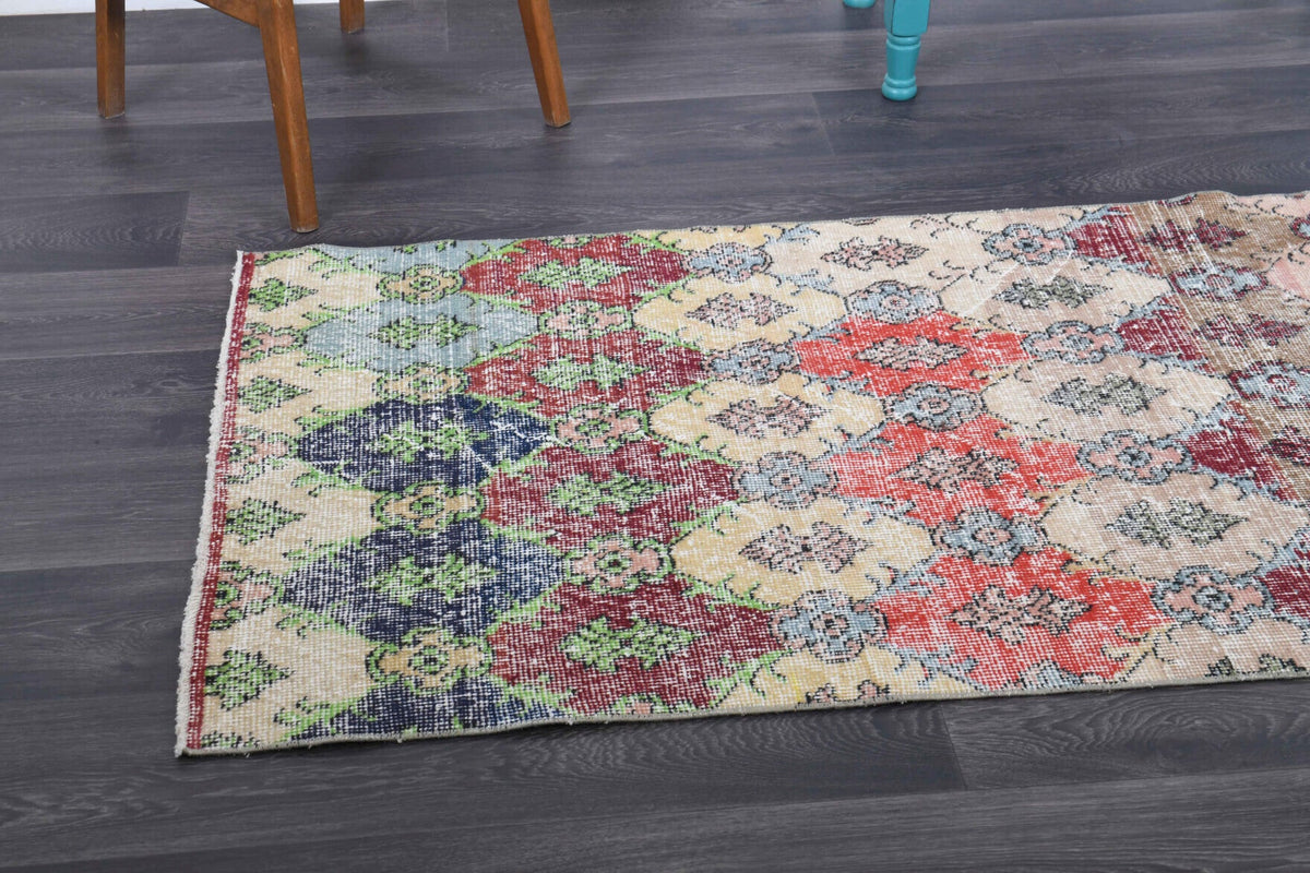 El yapımı vintage yolluk 91x241 cm i̇kat desenli yün - kenar ve saçak detayı
