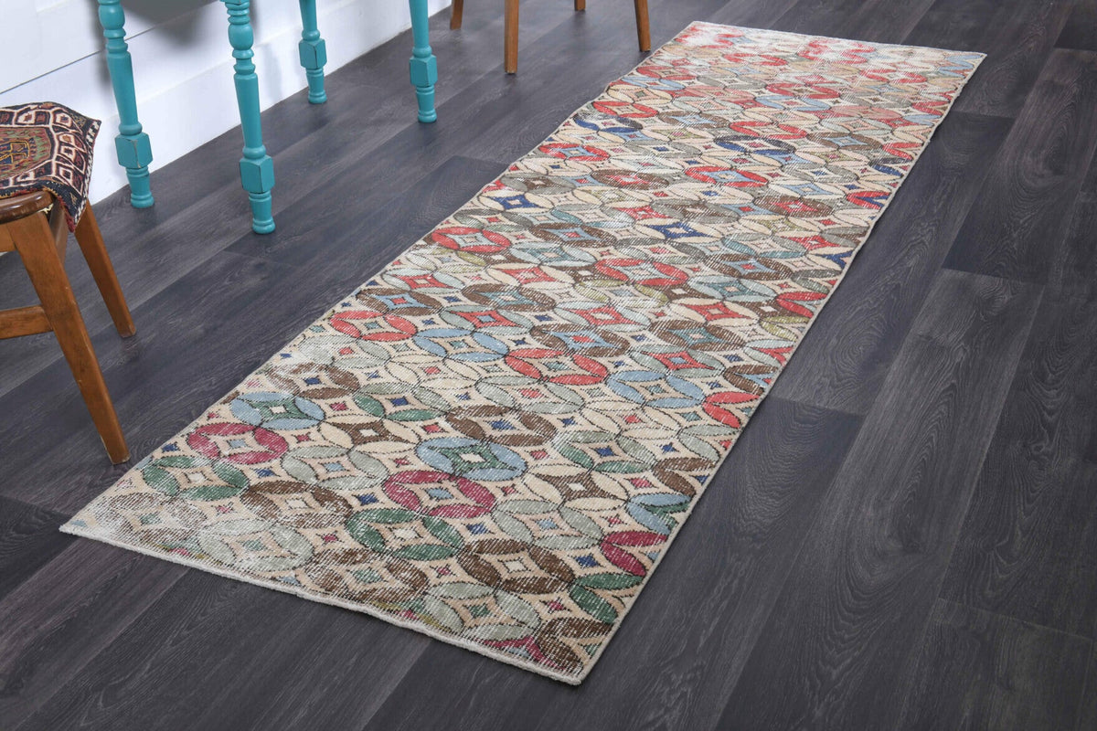 El yapımı vintage yolluk 86x272 cm kareli desenli yün - yakın çekim doku detayı