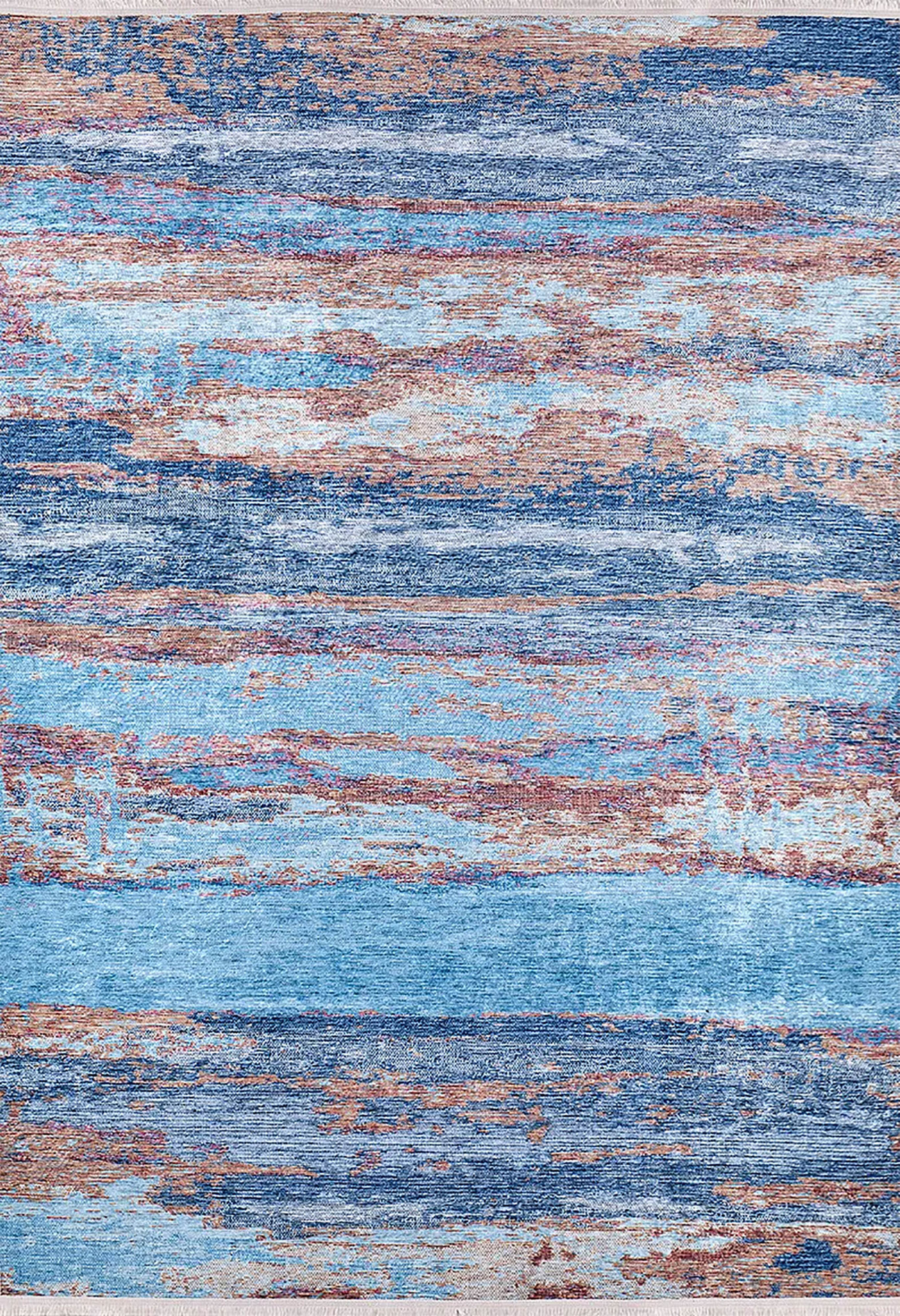 Mavi ve Pas Tonlarında Soyut Sanat Halısı | Modern Geçişli Tasarım Kilim