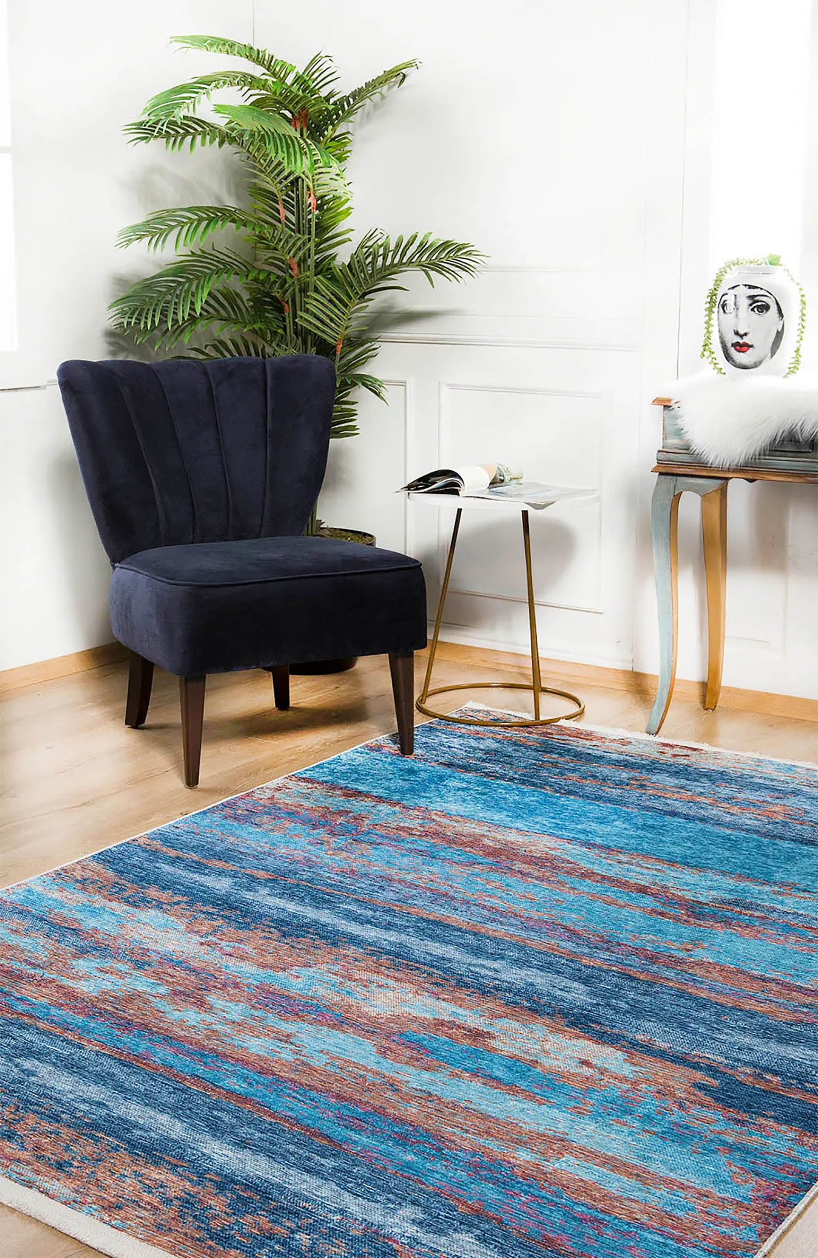 Mavi ve Pas Tonlarında Soyut Sanat Halısı | Modern Geçişli Tasarım Kilim
