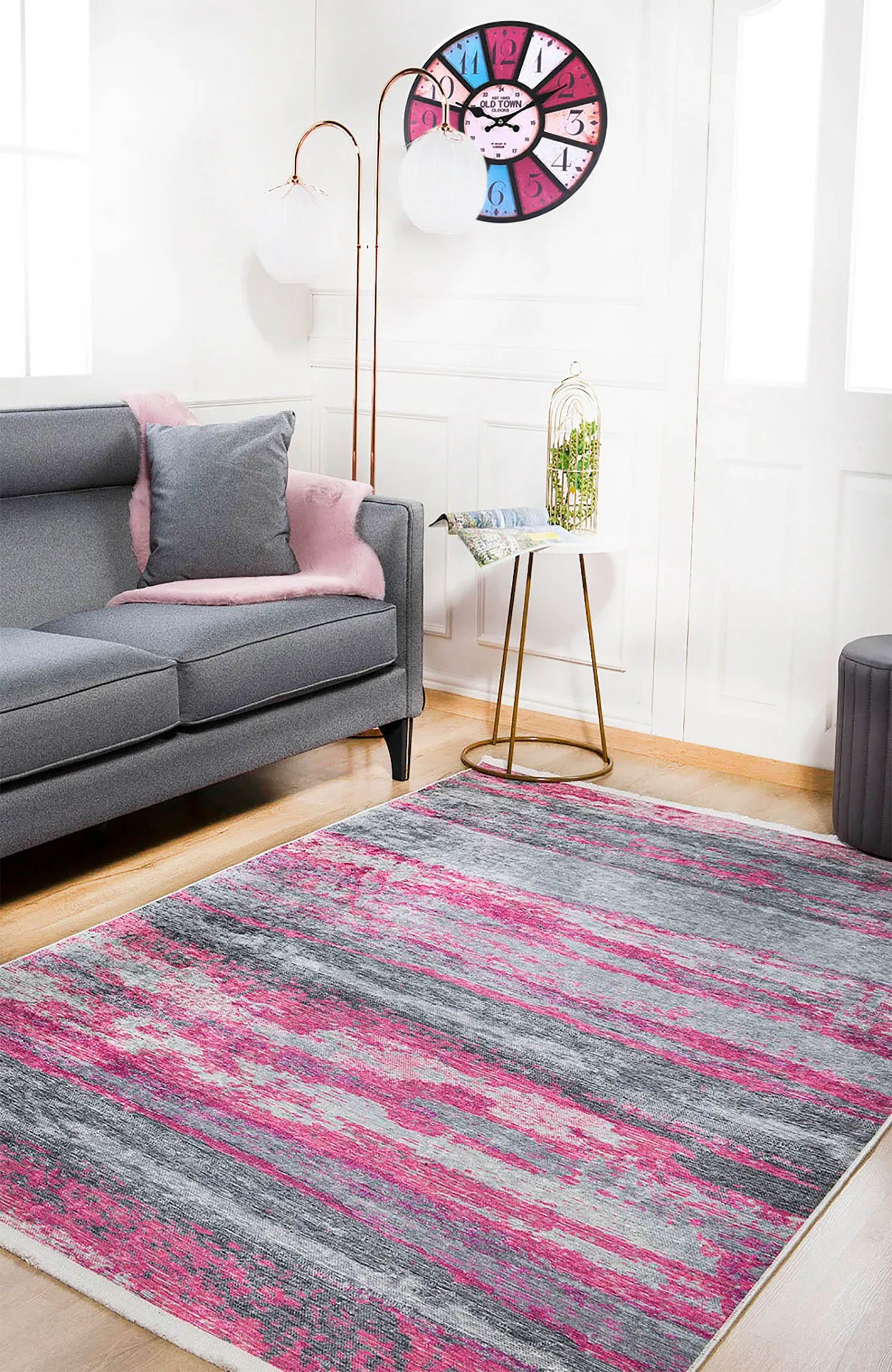 Canlı Fuşya ve Gri Soyut Sanat Halısı | Modern Geçişli Tasarım Kilim