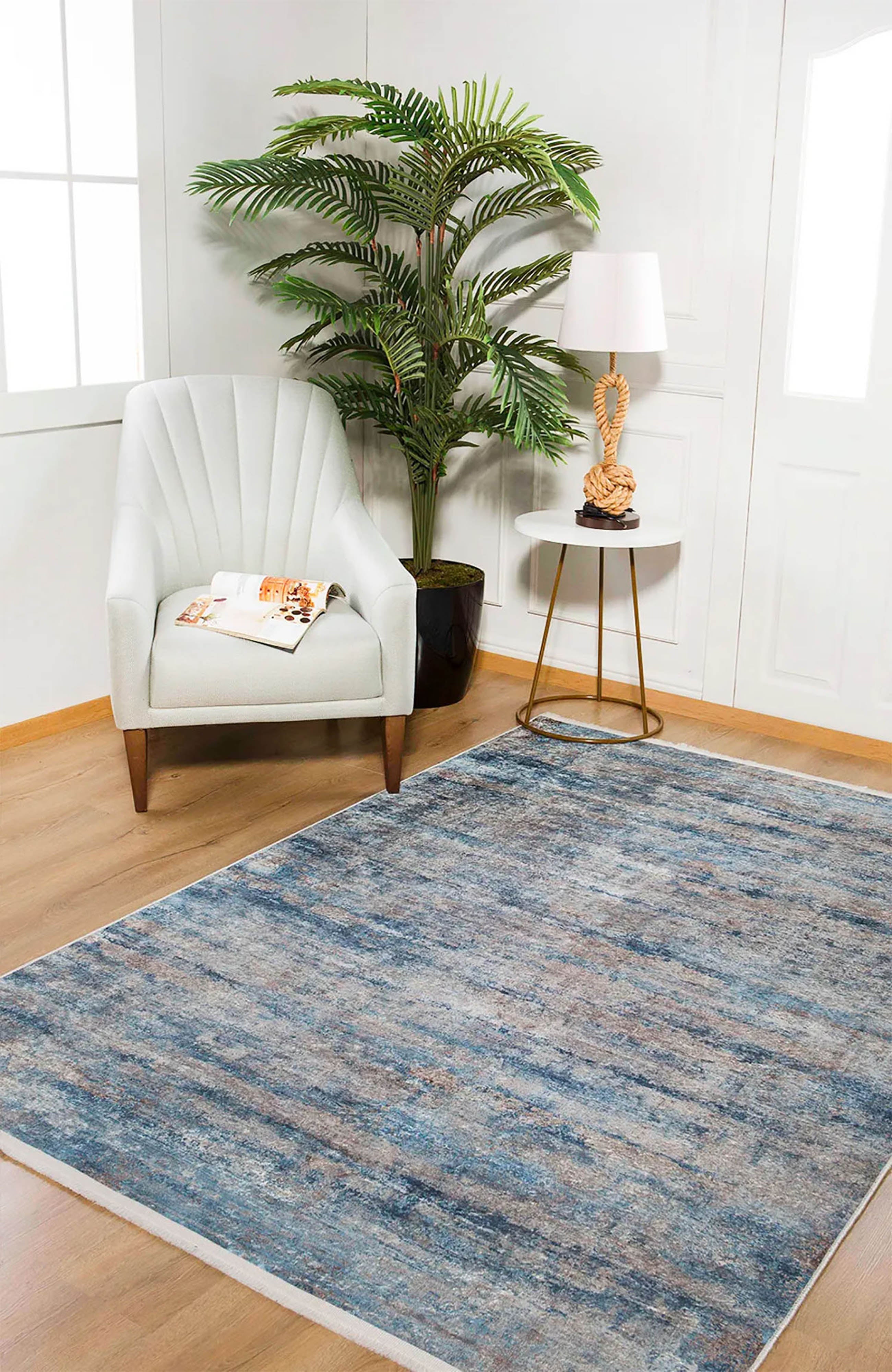 Gri, Bej ve Mavi Soyut Sanat Halısı | Modern Geçişli Efektli Kilim