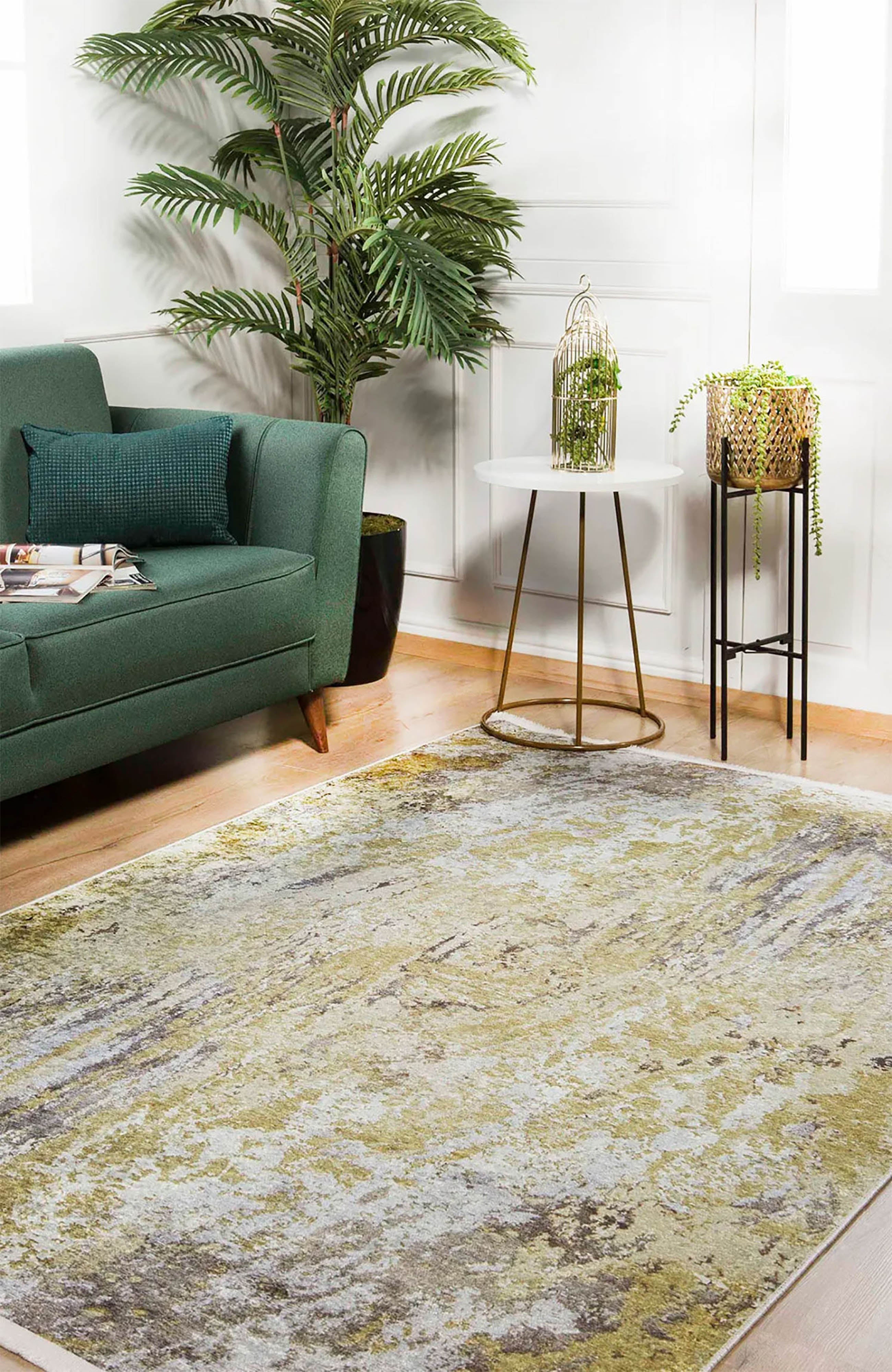 Sarı, Altın ve Gri Soyut Sanat Halısı | Modern Lüks Tasarım Kilim