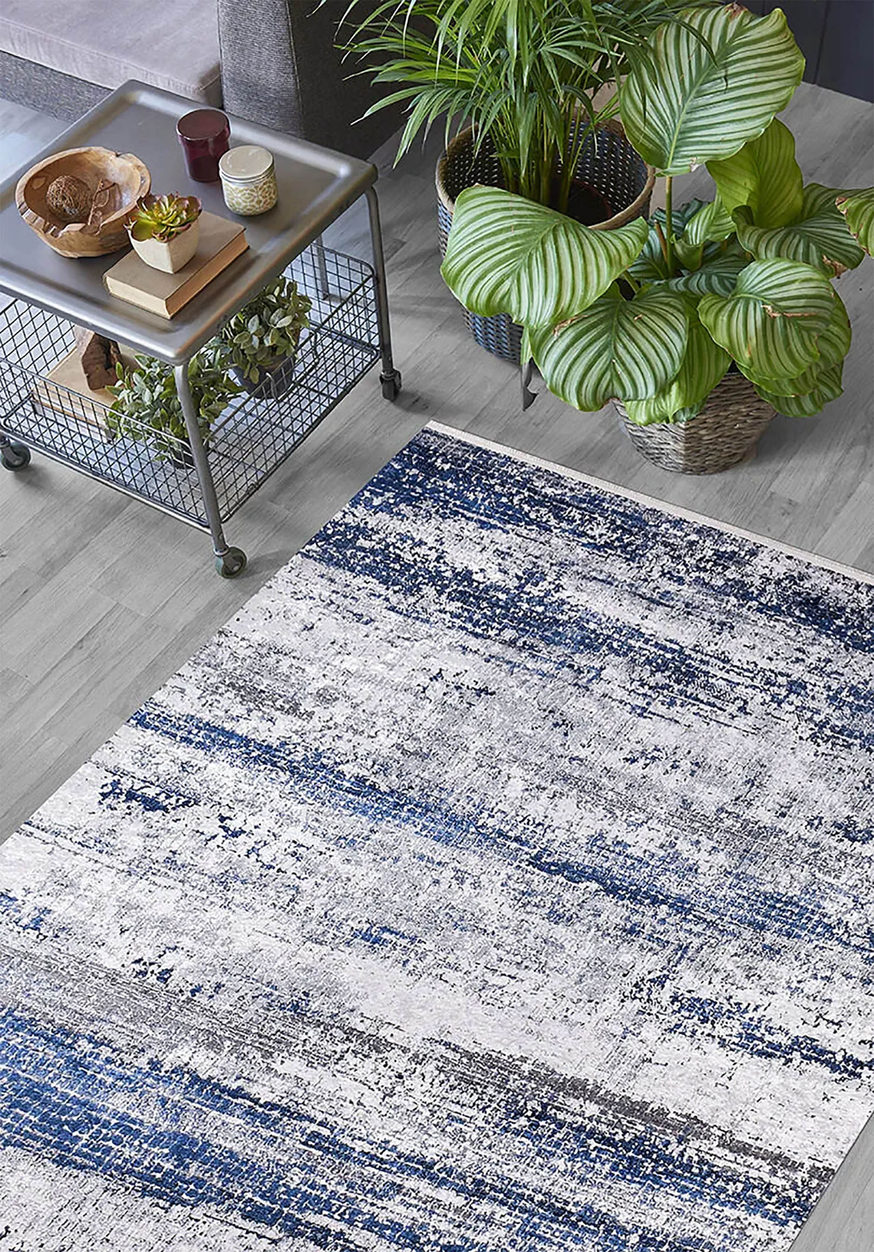 Mavi, Beyaz ve Gri Soyut Sanat Halısı | Geçişli Efektli Modern Kilim