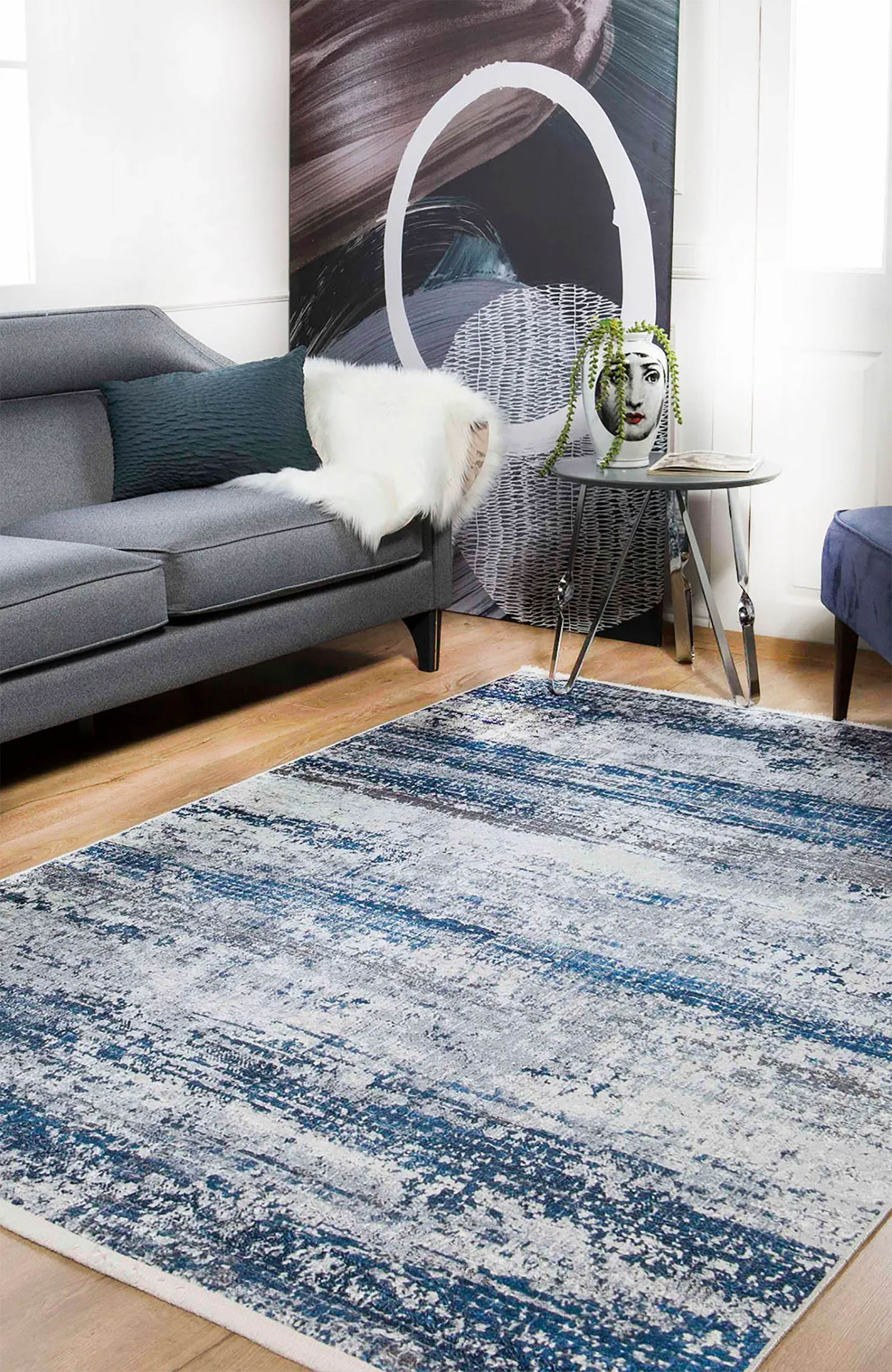 Mavi, Beyaz ve Gri Soyut Sanat Halısı | Geçişli Efektli Modern Kilim