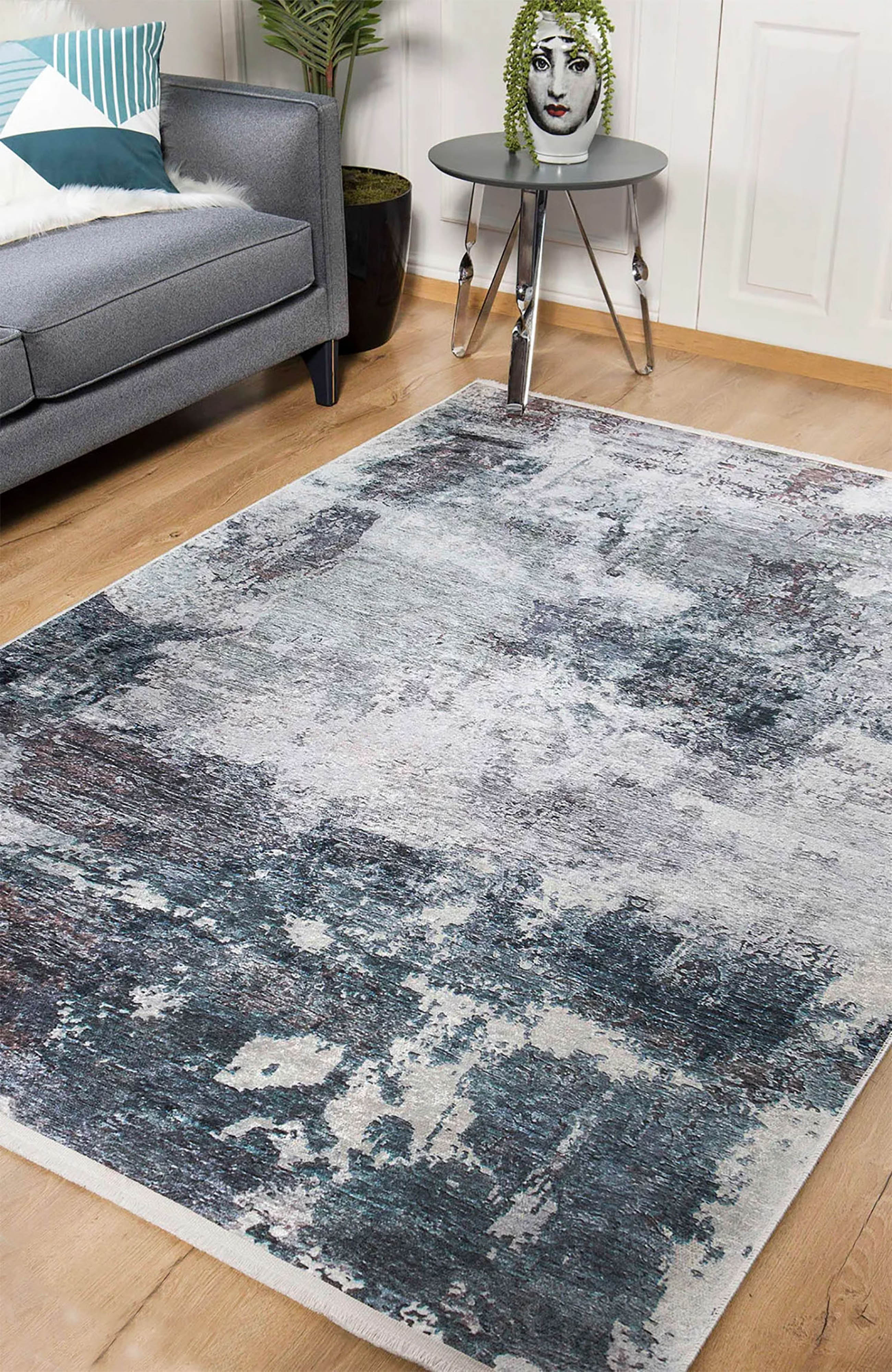 Lacivert, Beyaz ve Kahve Soyut Sanat Halısı | Modern Geçişli Efektli Kilim