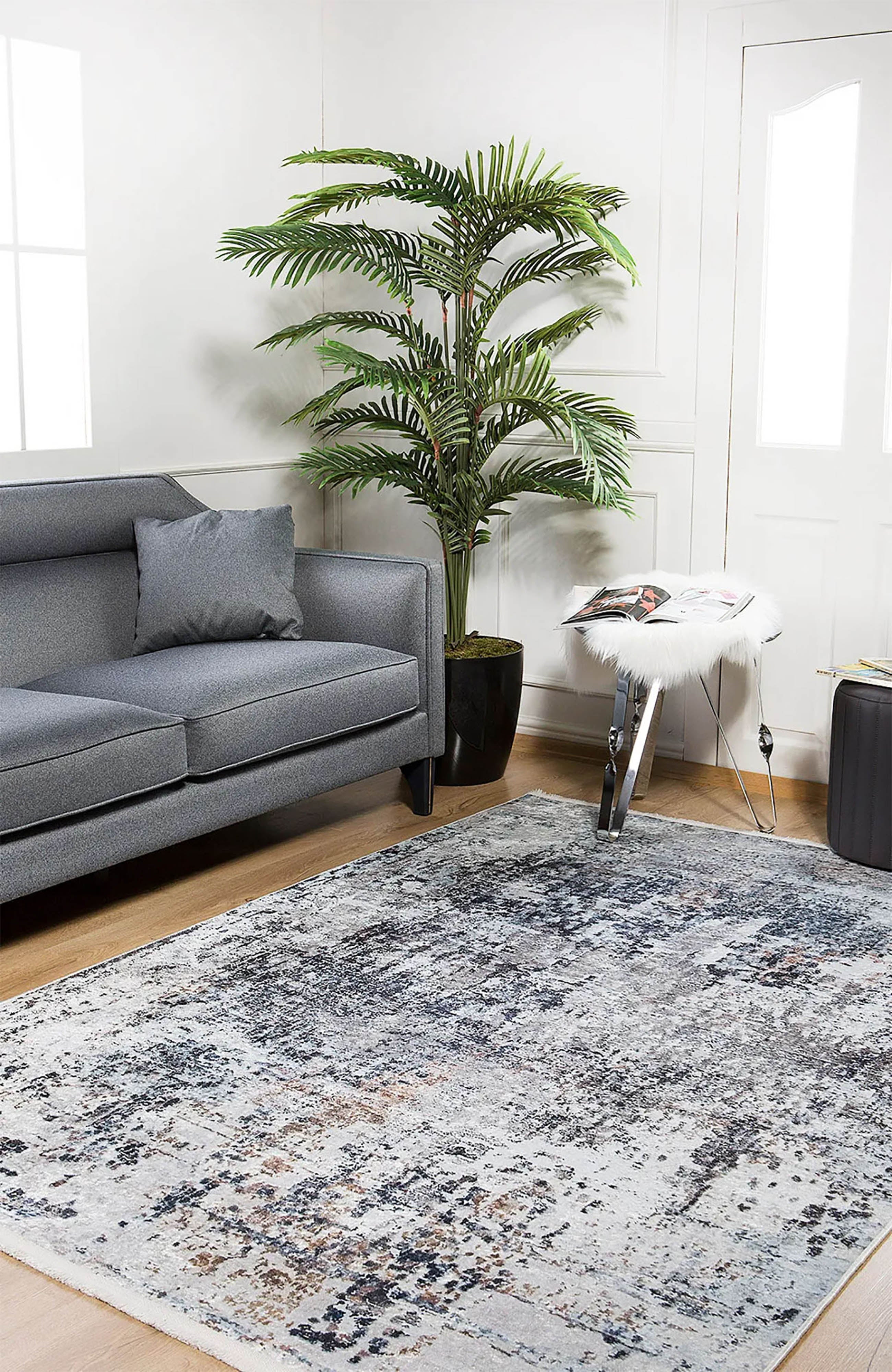 Beyaz/Bej Zemin Üzerine Lacivert & Kahve Soyut Sanat Halısı | Modern Geçişli Kilim