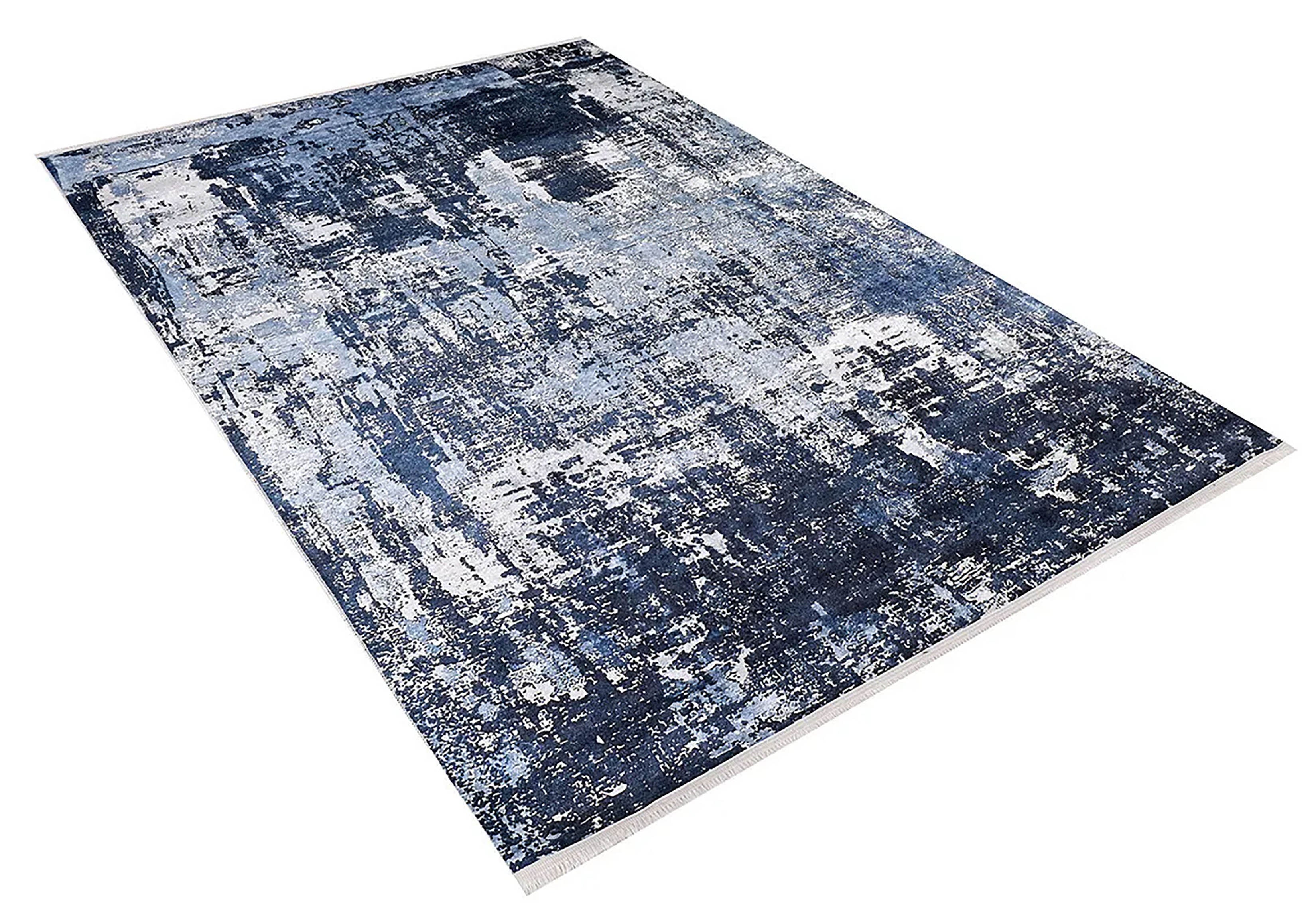 Lacivert ve Beyaz Yoğun Soyut Sanat Halısı | Modern Geçişli Efektli Kilim