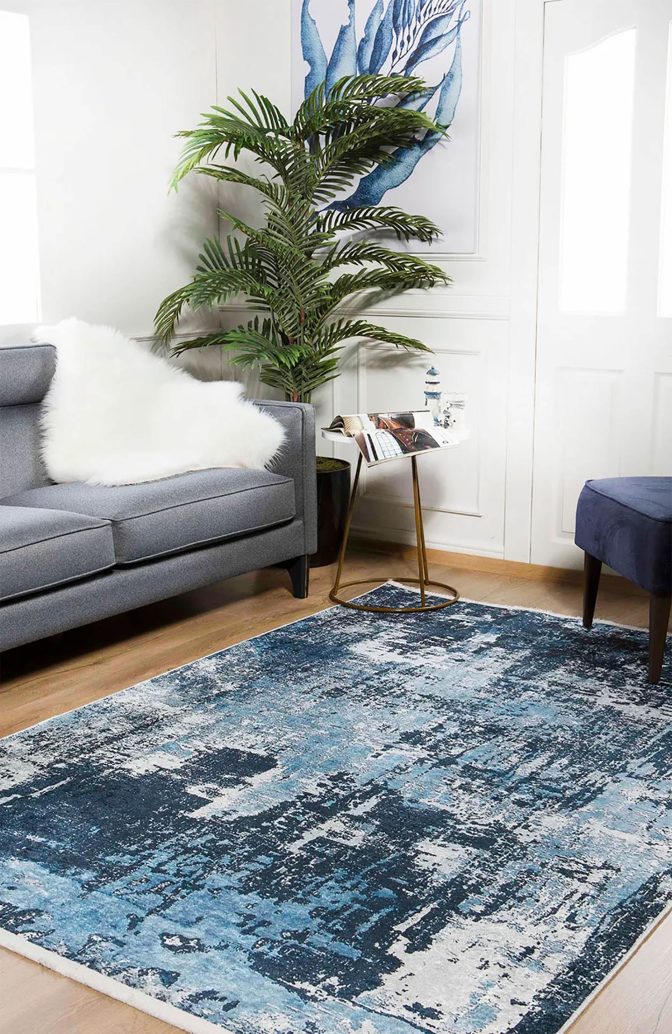 Lacivert ve Beyaz Yoğun Soyut Sanat Halısı | Modern Geçişli Efektli Kilim