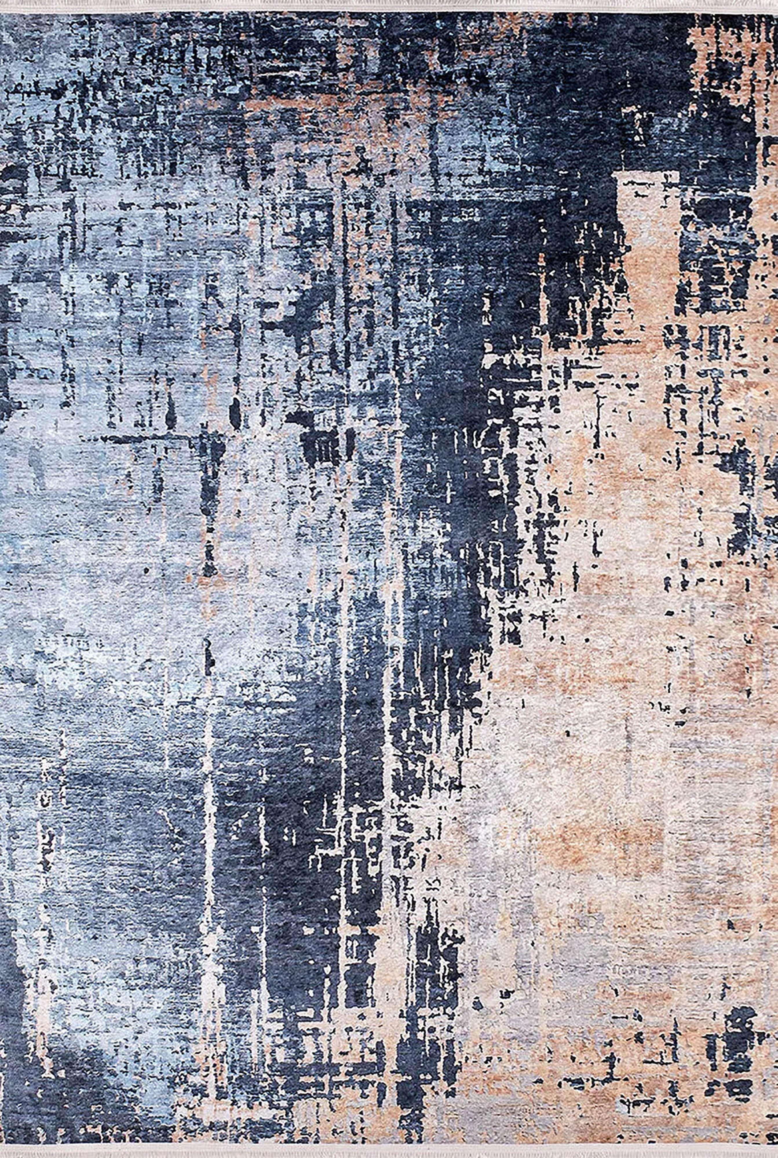 Mavi/Füme ve Bej Tonlarında Soyut Sanat Halısı | Modern Kontrast Efektli Kilim