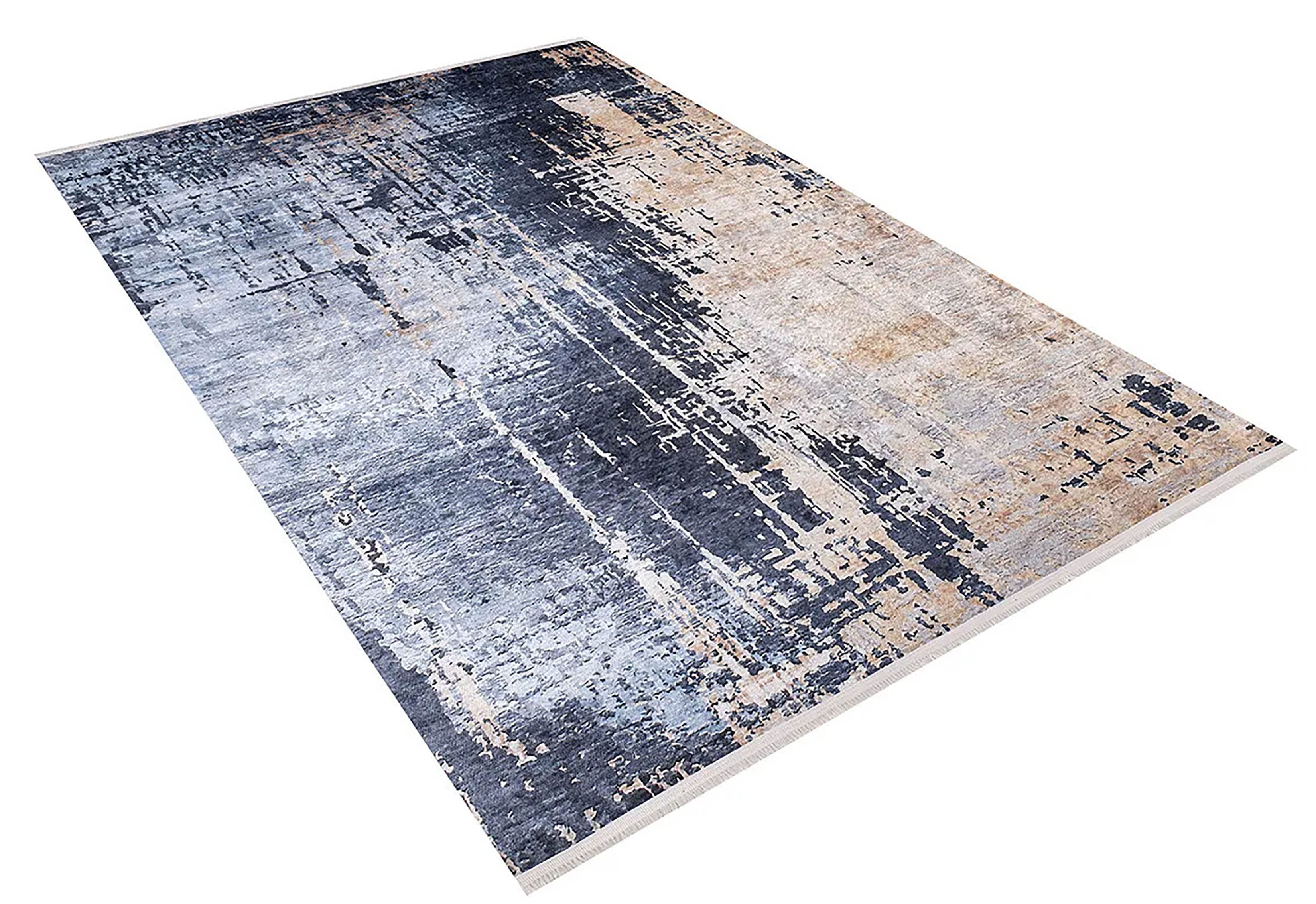 Mavi/Füme ve Bej Tonlarında Soyut Sanat Halısı | Modern Kontrast Efektli Kilim