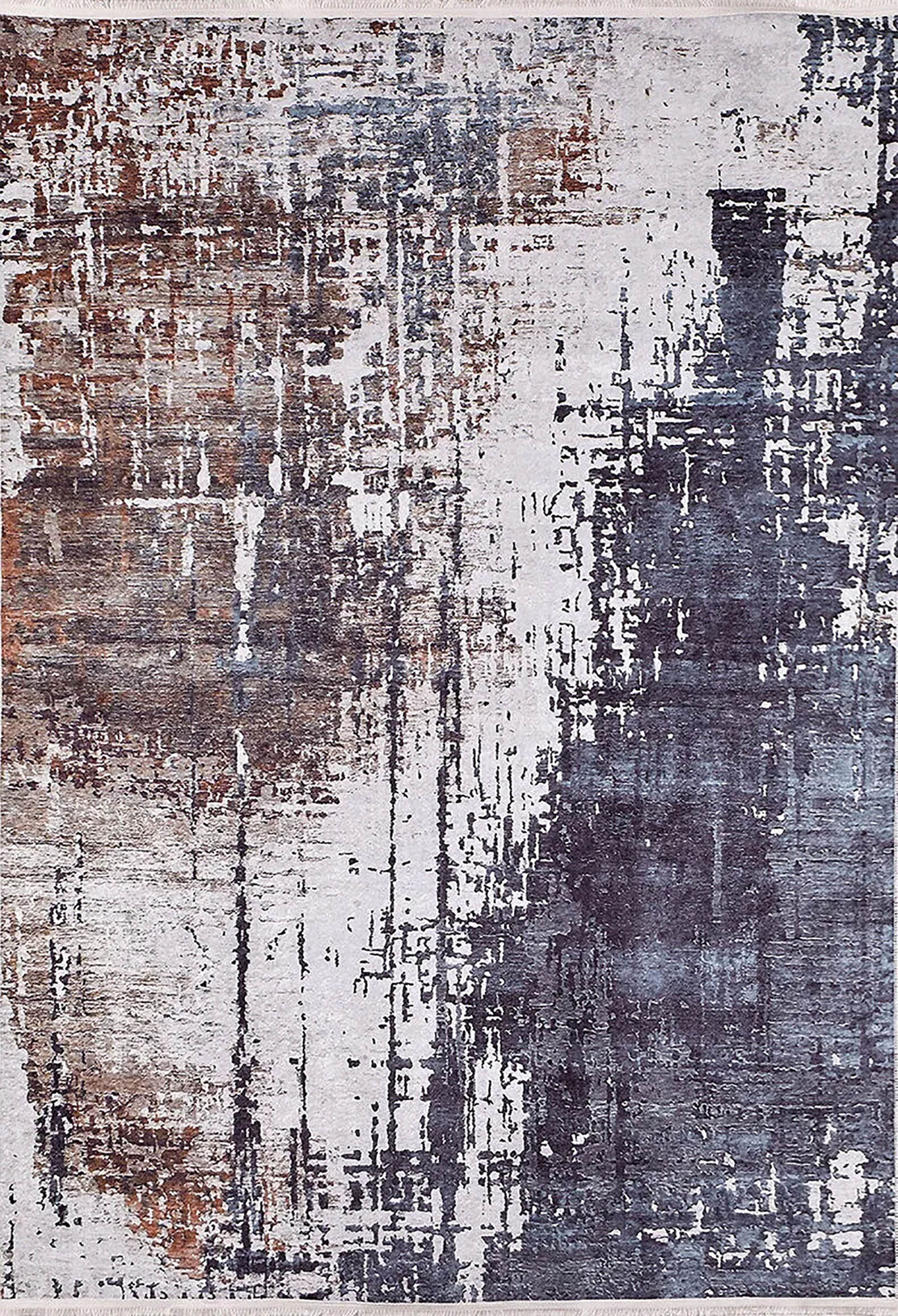 Kahve, Gri ve Beyaz Soyut Sanat Halısı | Modern Endüstriyel Efektli Kilim