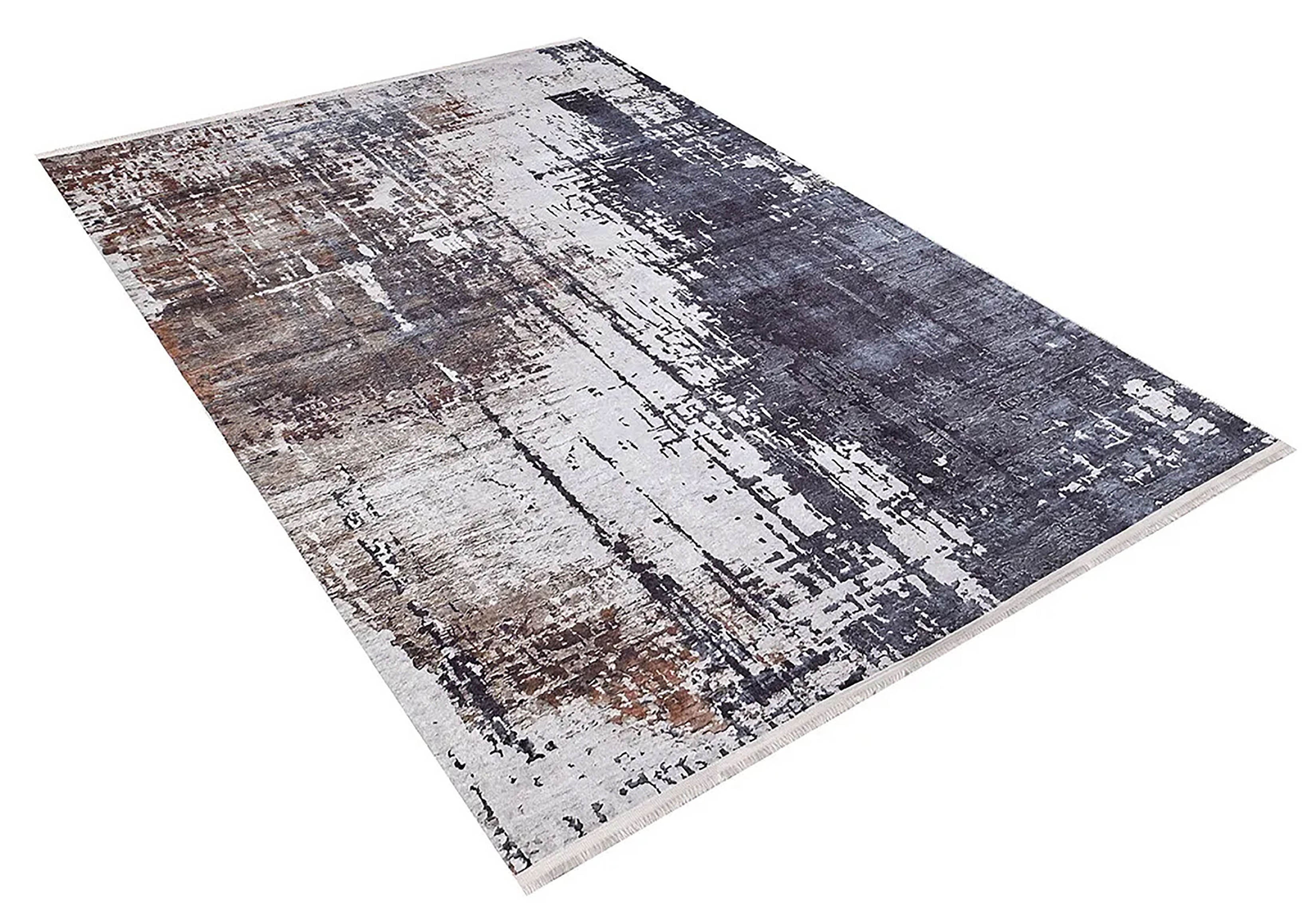 Kahve, Gri ve Beyaz Soyut Sanat Halısı | Modern Endüstriyel Efektli Kilim