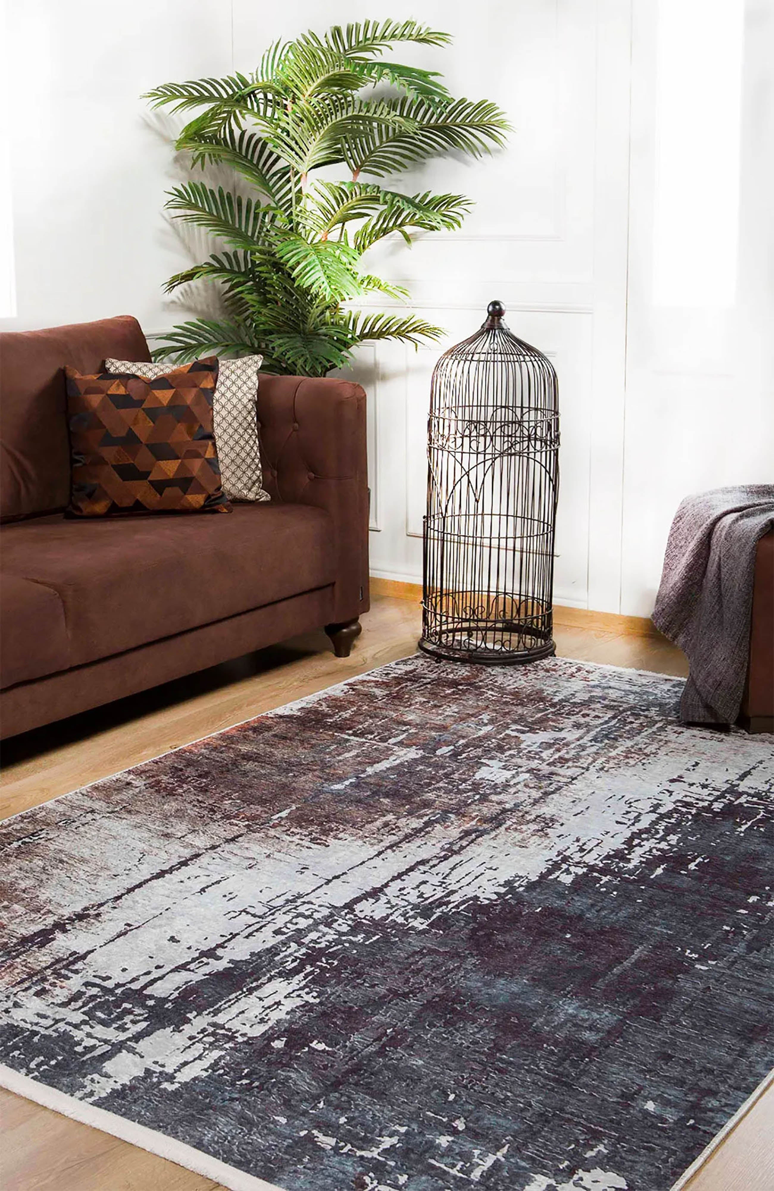 Kahve, Gri ve Beyaz Soyut Sanat Halısı | Modern Endüstriyel Efektli Kilim