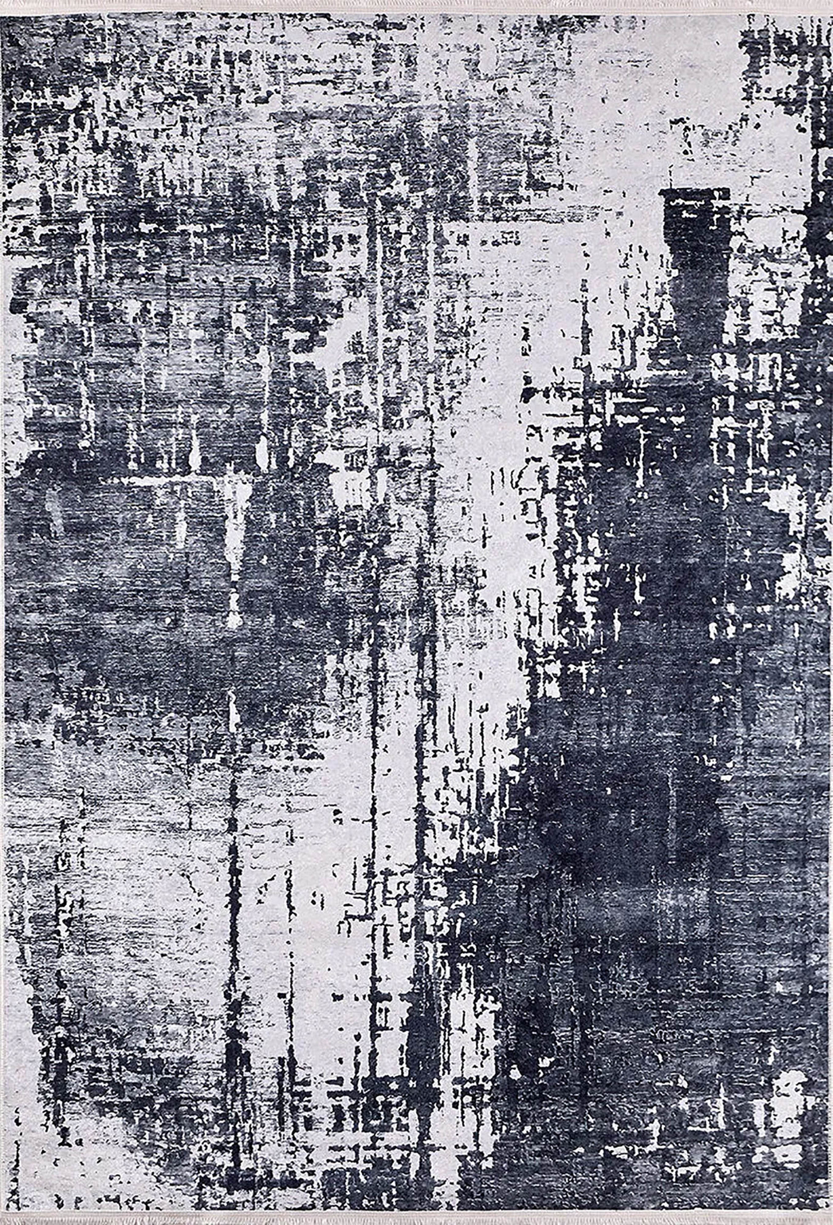 Siyah, Füme ve Beyaz Soyut Sanat Halısı | Modern Endüstriyel Efektli Kilim