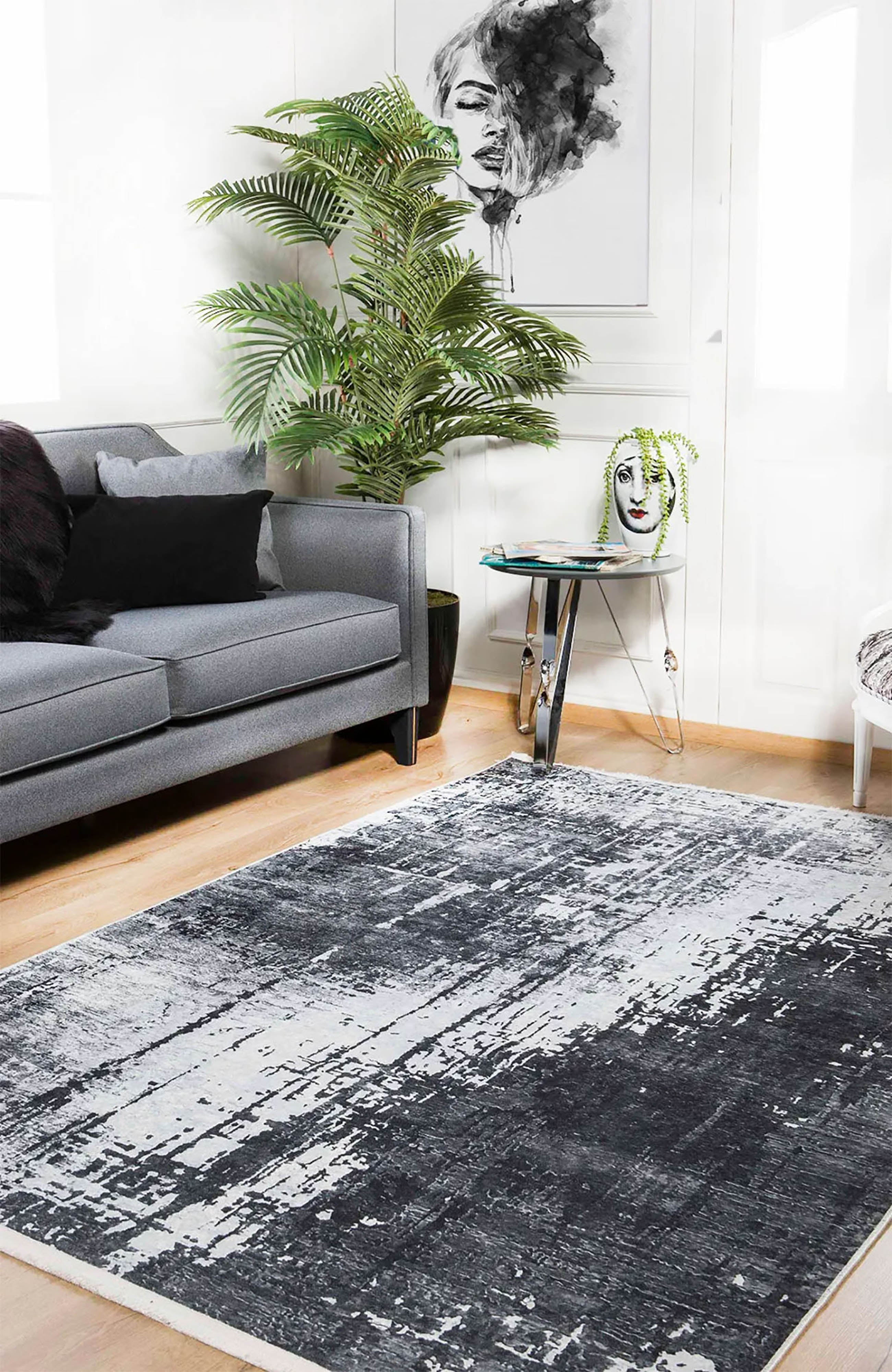Siyah, Füme ve Beyaz Soyut Sanat Halısı | Modern Endüstriyel Efektli Kilim