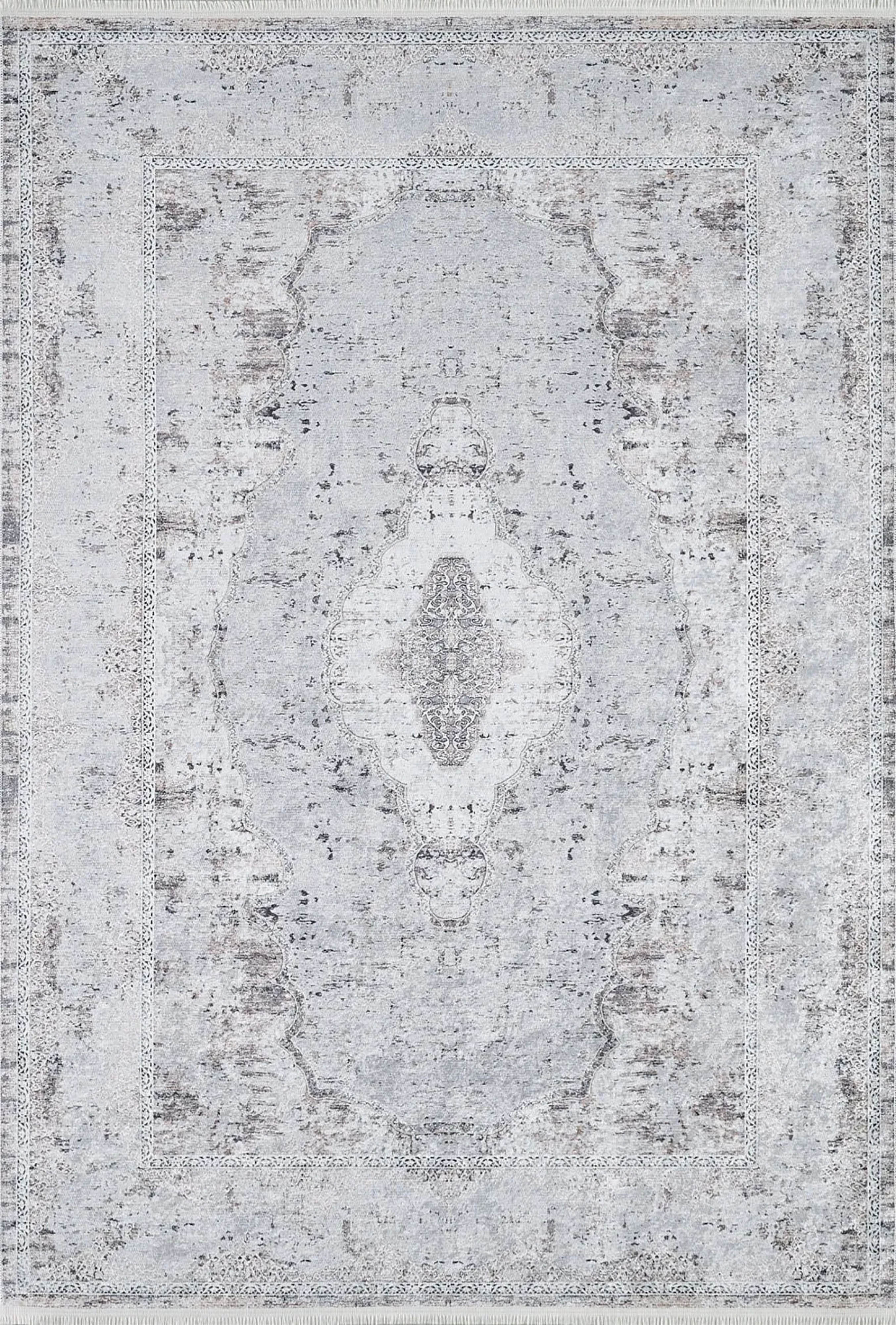 Açık Gri Vintage Desenli Yıkanabilir Halı | Modern Eskitme Efektli Kilim