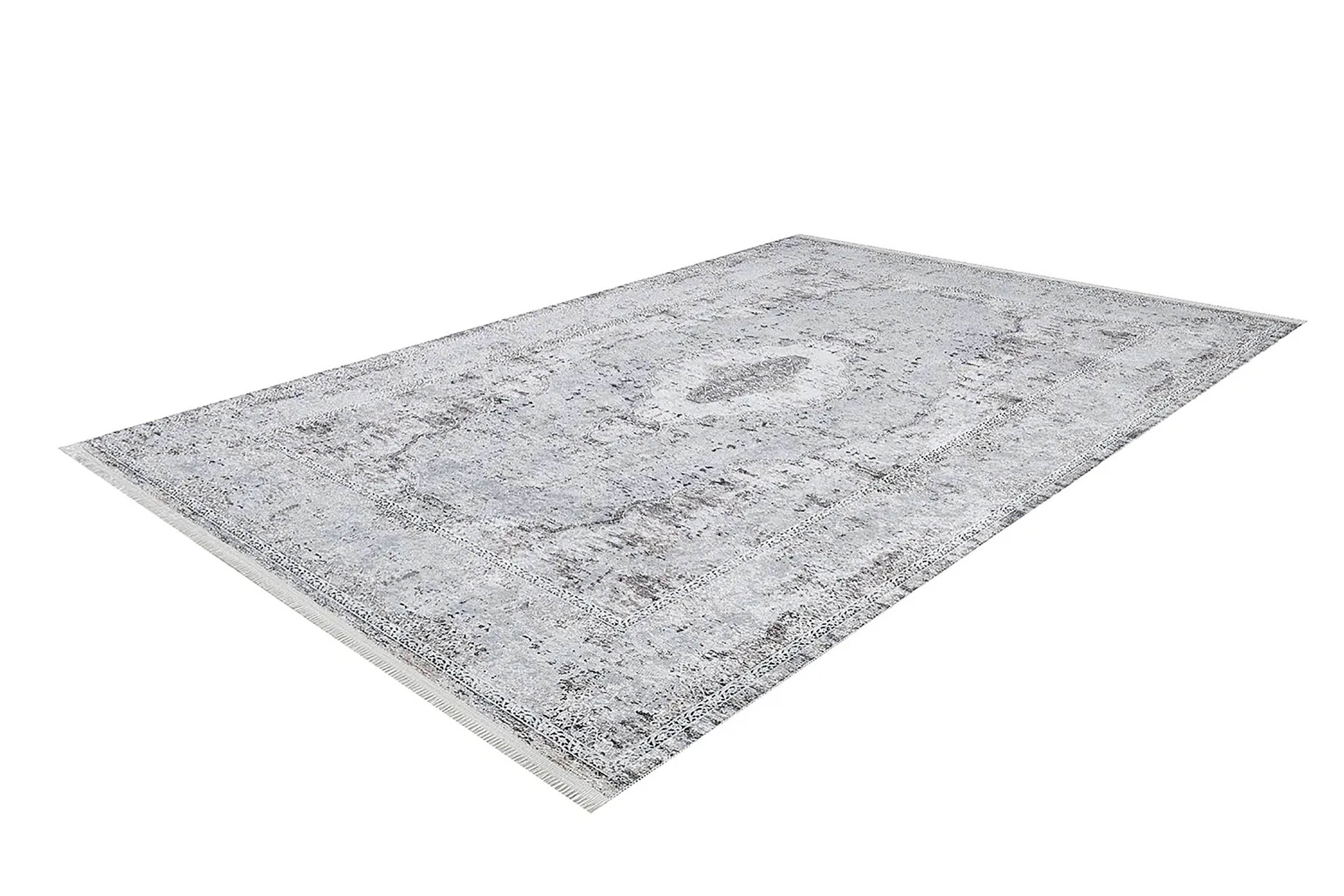 Açık Gri Vintage Desenli Yıkanabilir Halı | Modern Eskitme Efektli Kilim