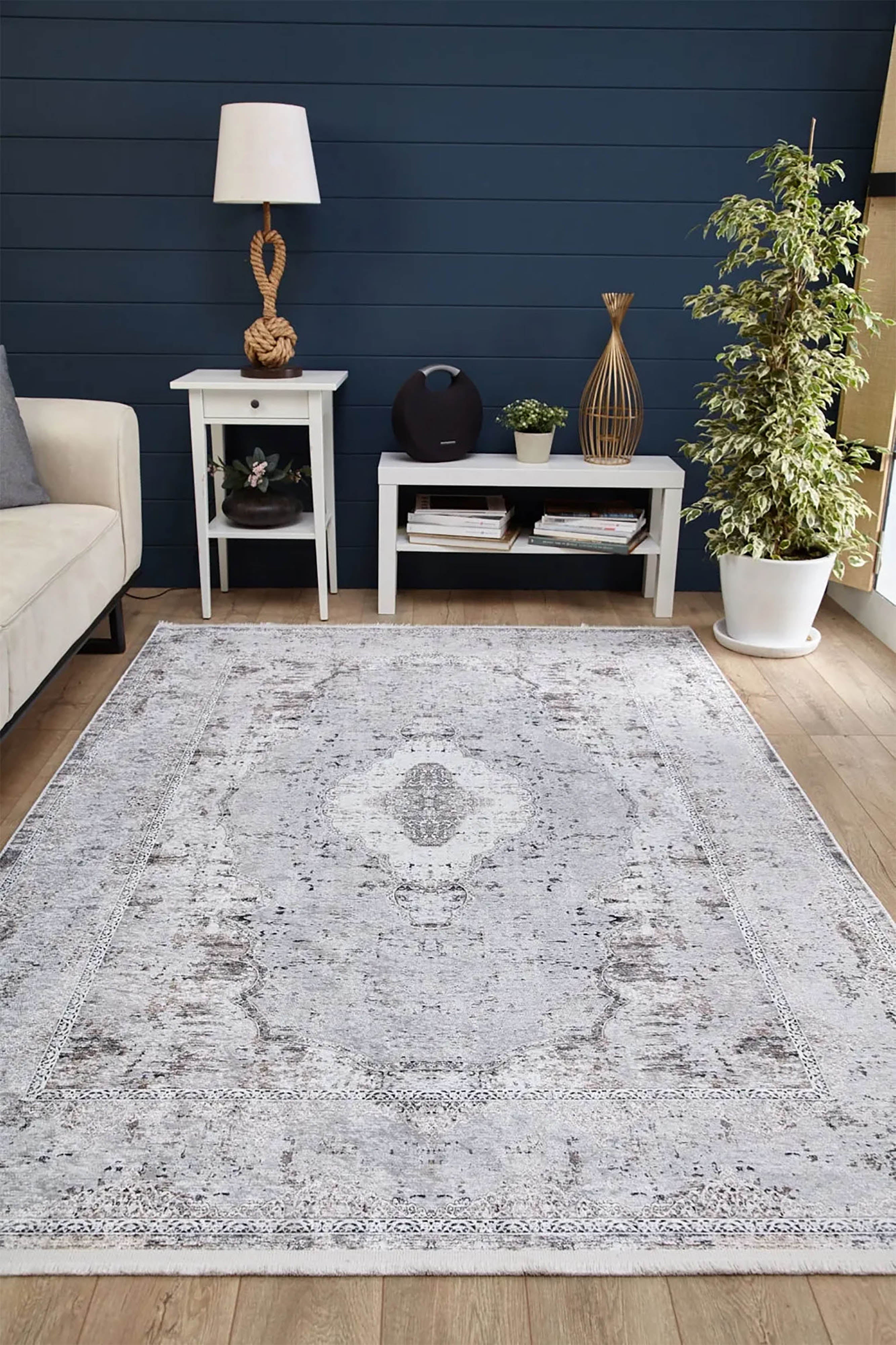 Açık Gri Vintage Desenli Yıkanabilir Halı | Modern Eskitme Efektli Kilim