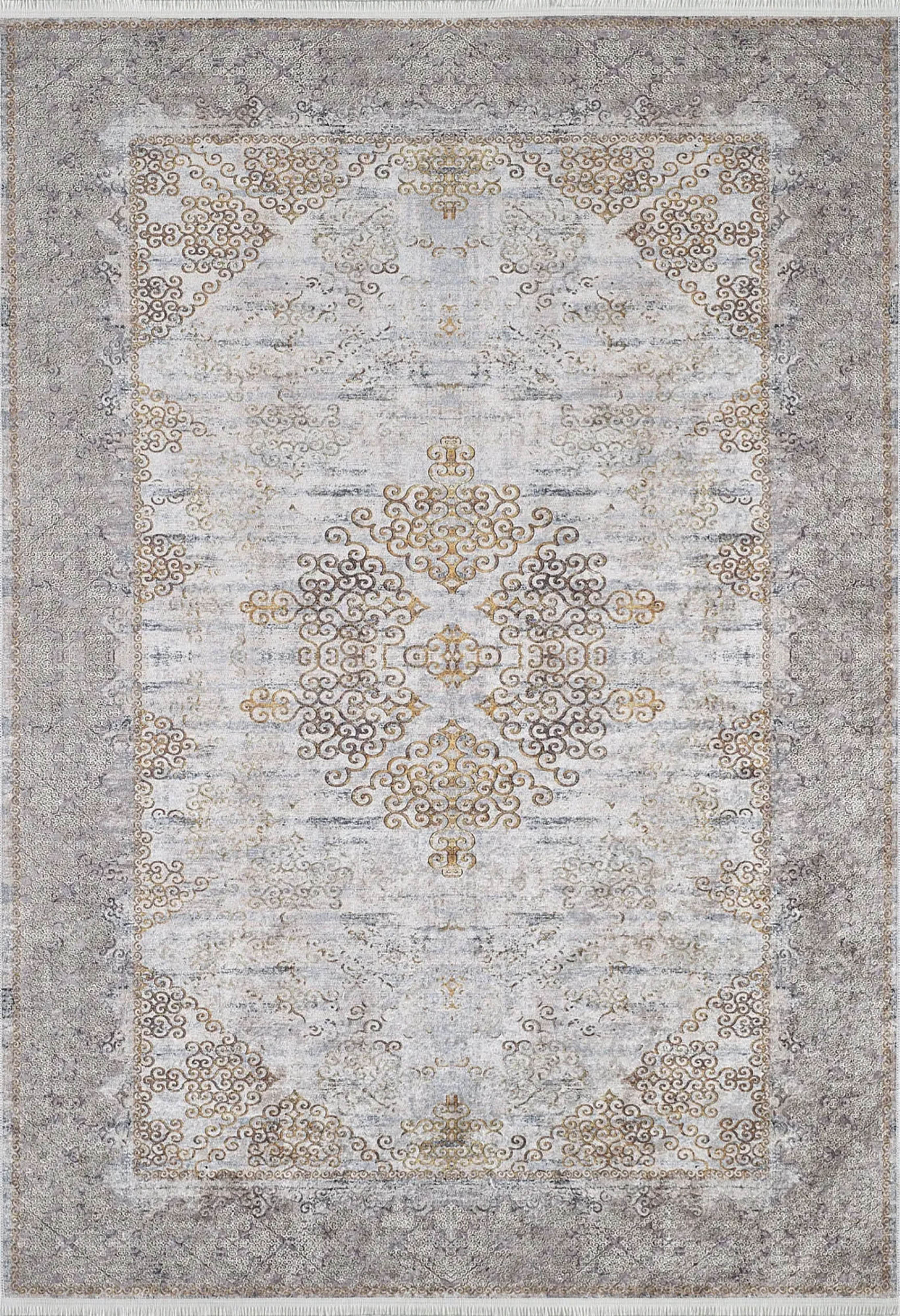 Bej Gri Altın Çiçekli Vintage Madalyonlu Geometrik Halı - Pera Halı