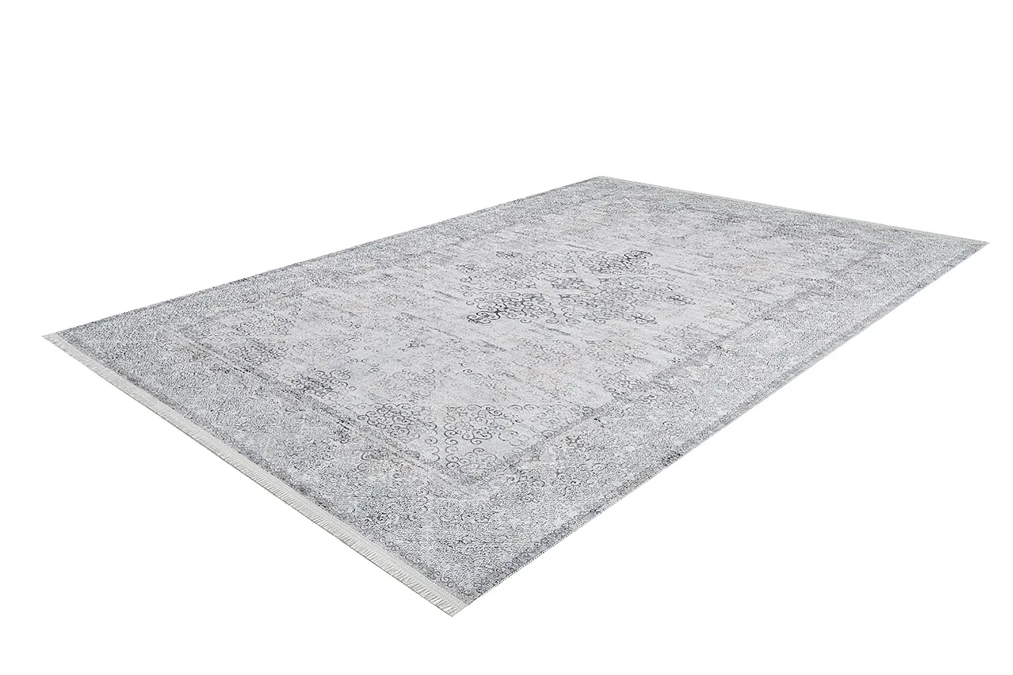 Gri Çiçekli Vintage Geometrik Madalyon Halı - Pera Halı