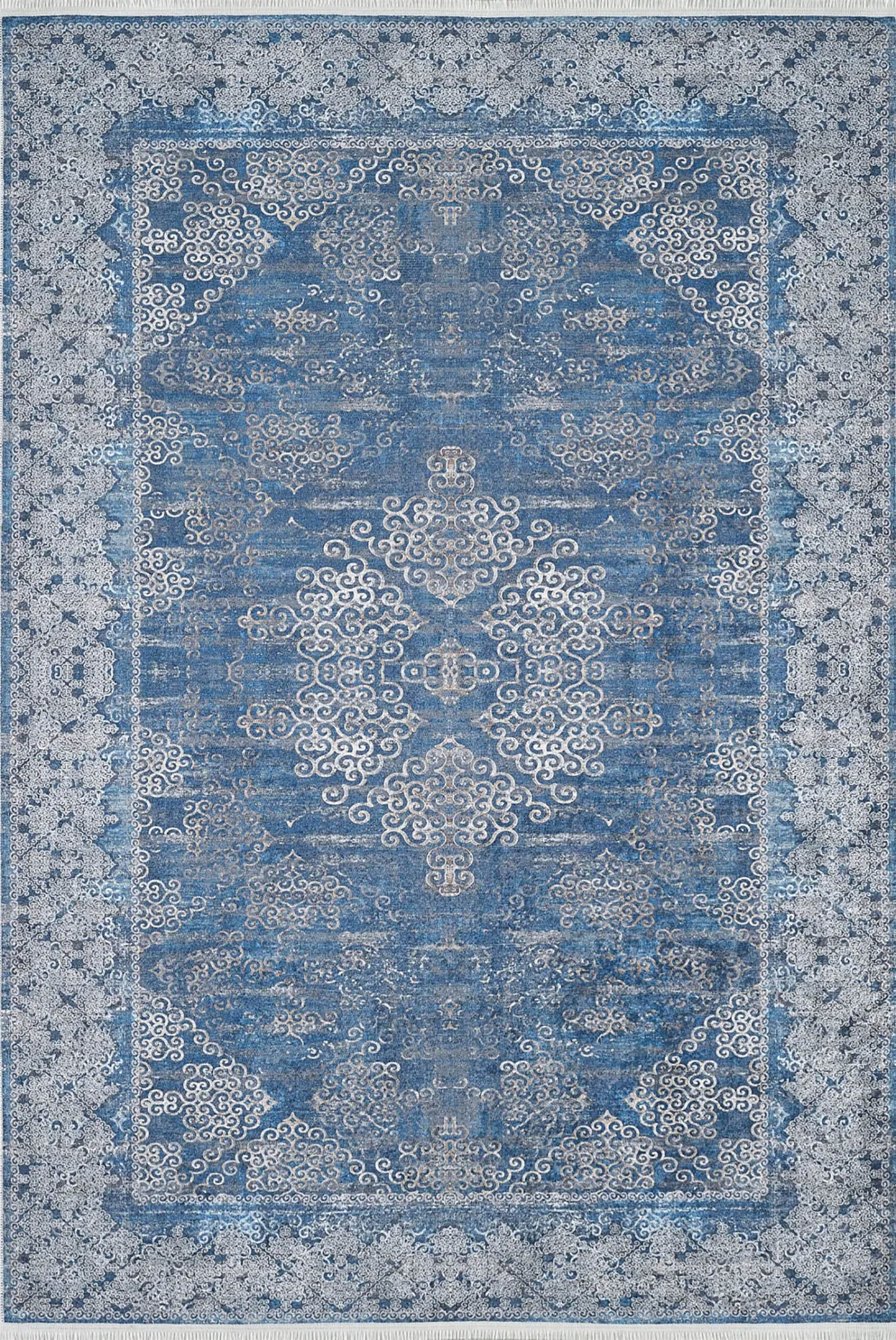 Lacivert Gri Çiçekli Vintage Madalyonlu Geometrik Halı - Pera Halı