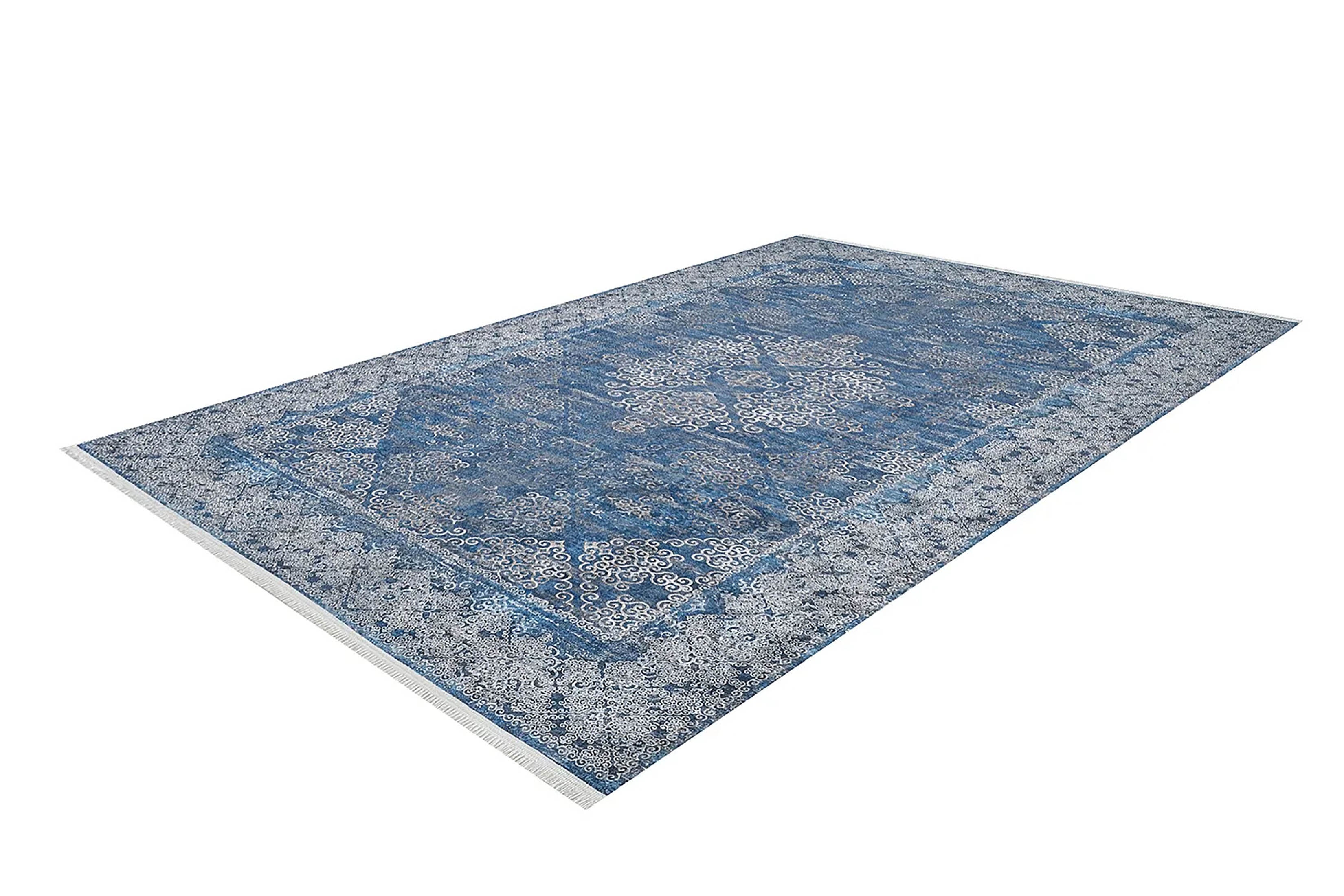 Lacivert Gri Çiçekli Vintage Madalyonlu Geometrik Halı - Pera Halı