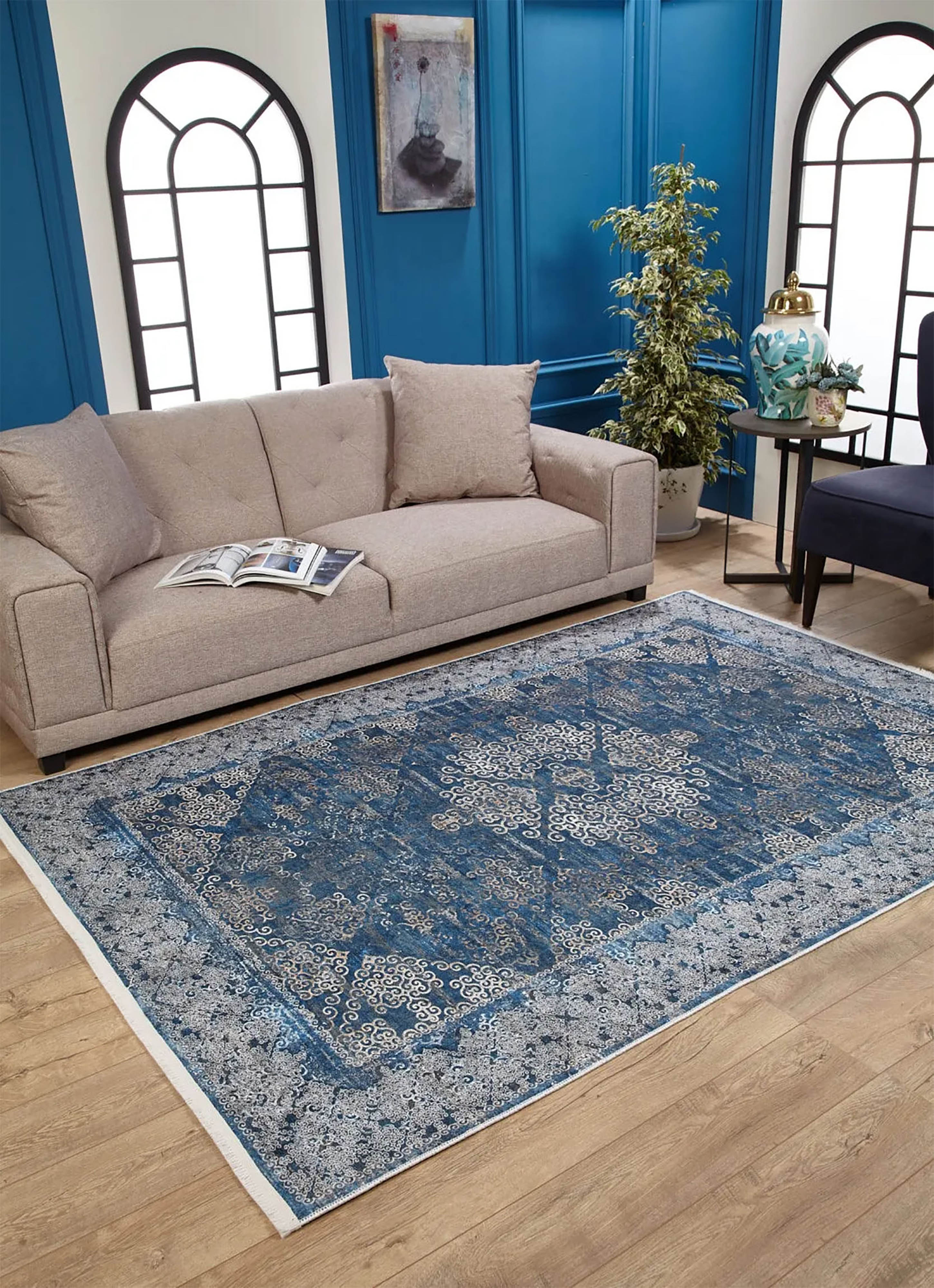 Lacivert Gri Çiçekli Vintage Madalyonlu Geometrik Halı - Pera Halı