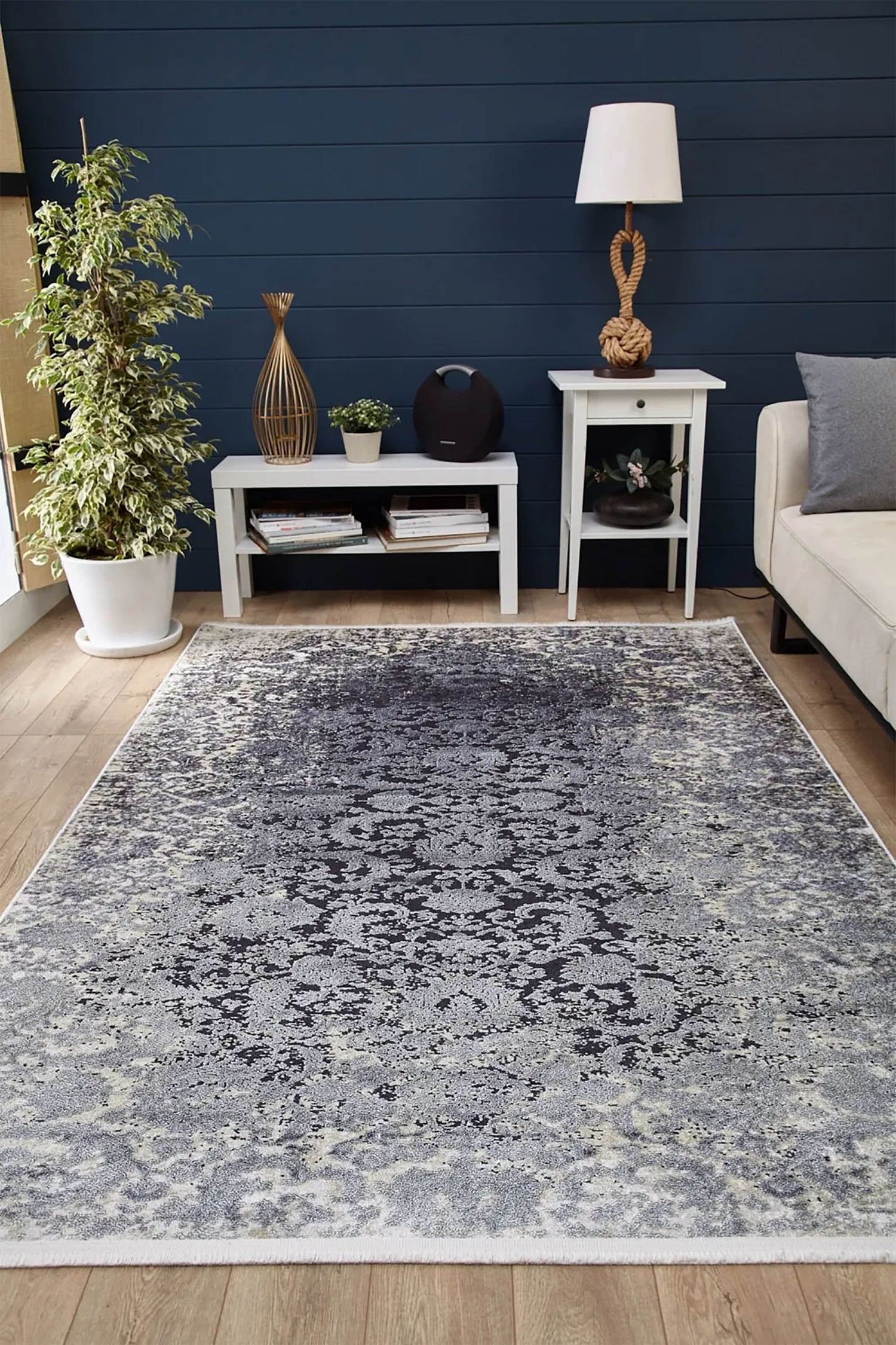 Mor Gri Çiçekli Vintage Geometrik Modern Halı - Pera Halı