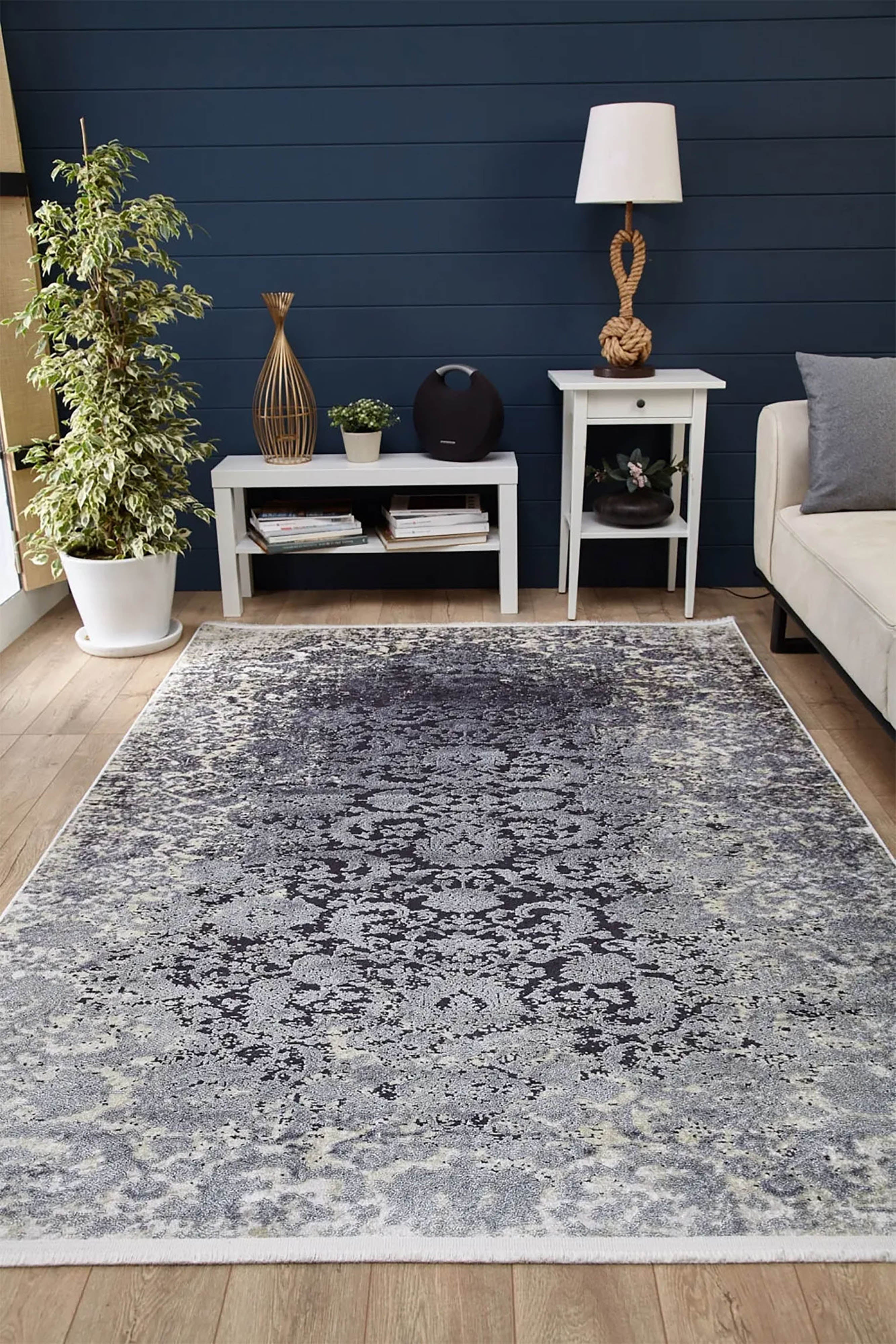 Mor Gri Çiçekli Vintage Geometrik Modern Halı - Pera Halı