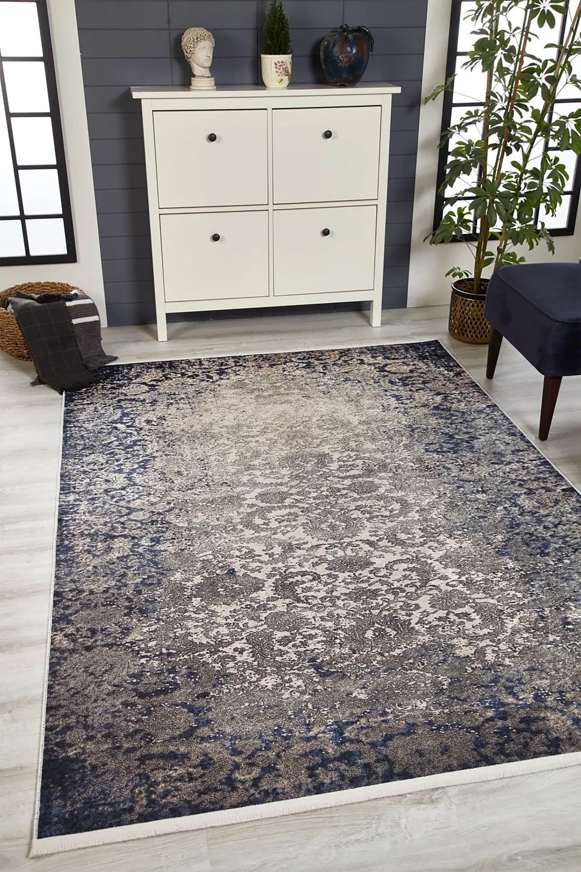 Lacivert Gri Çiçekli Vintage Geometrik Modern Halı - Pera Halı