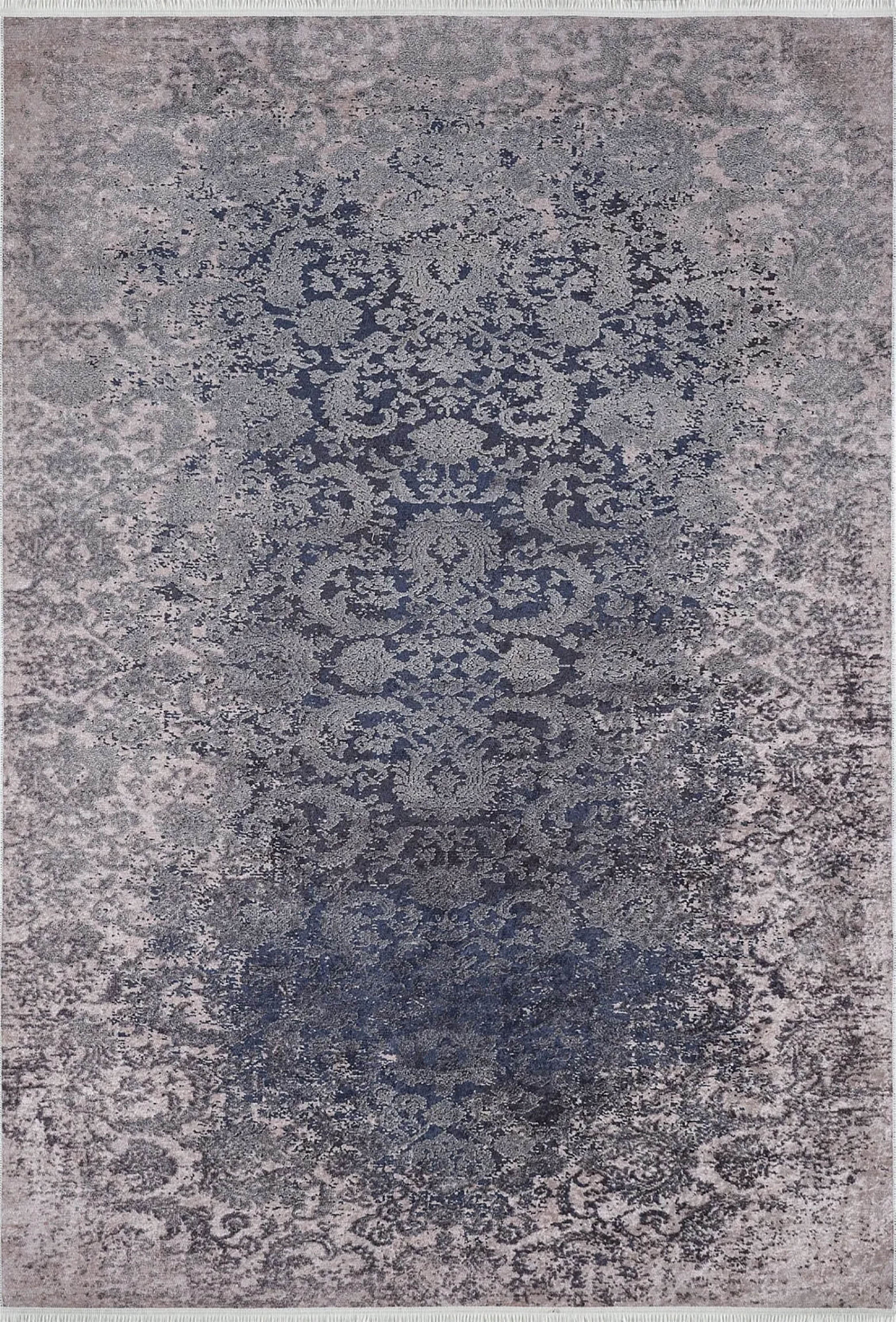 Lacivert Açık Pembe Çiçekli Vintage Geometrik Modern Halı - Pera Halı
