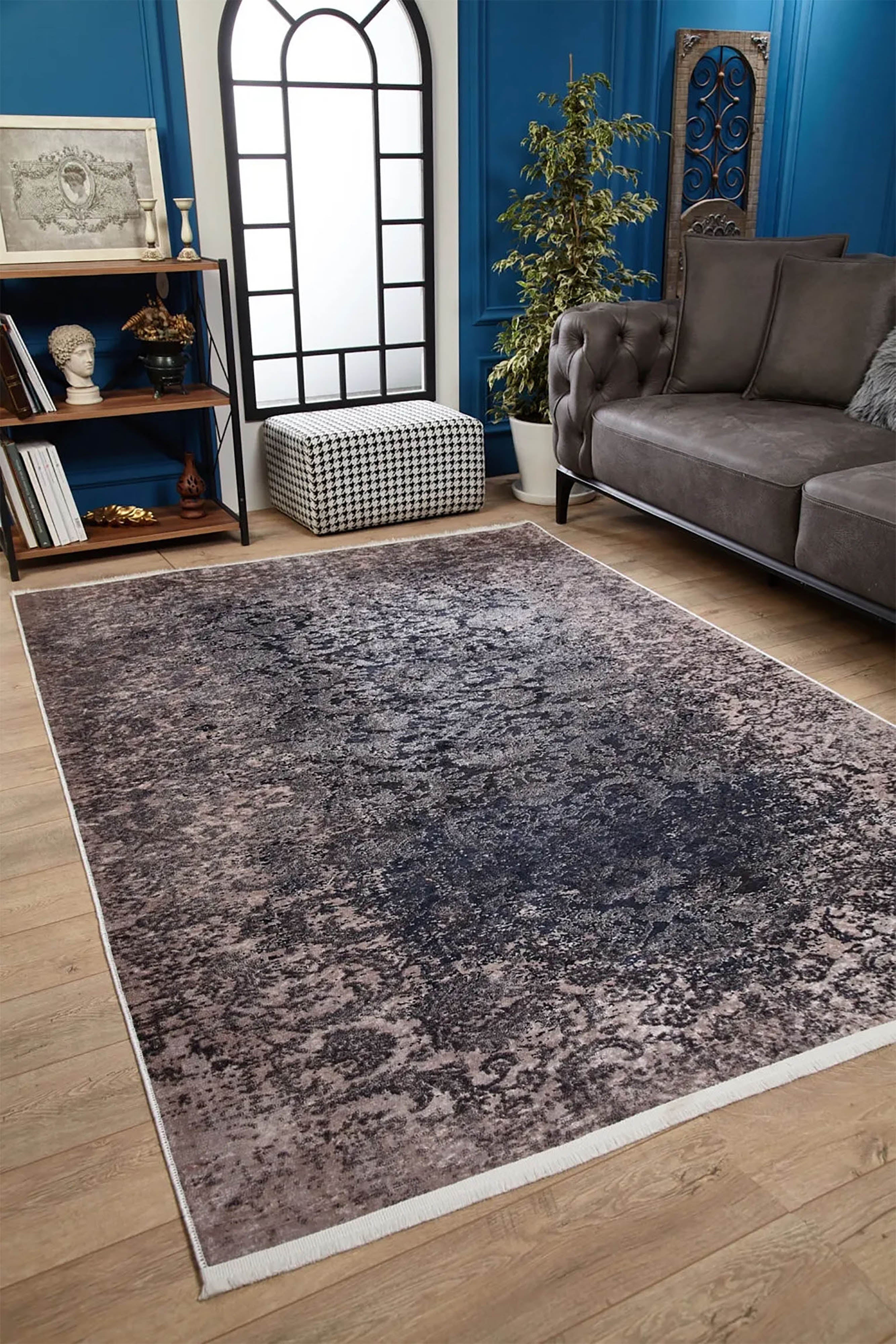 Lacivert Açık Pembe Çiçekli Vintage Geometrik Modern Halı - Pera Halı