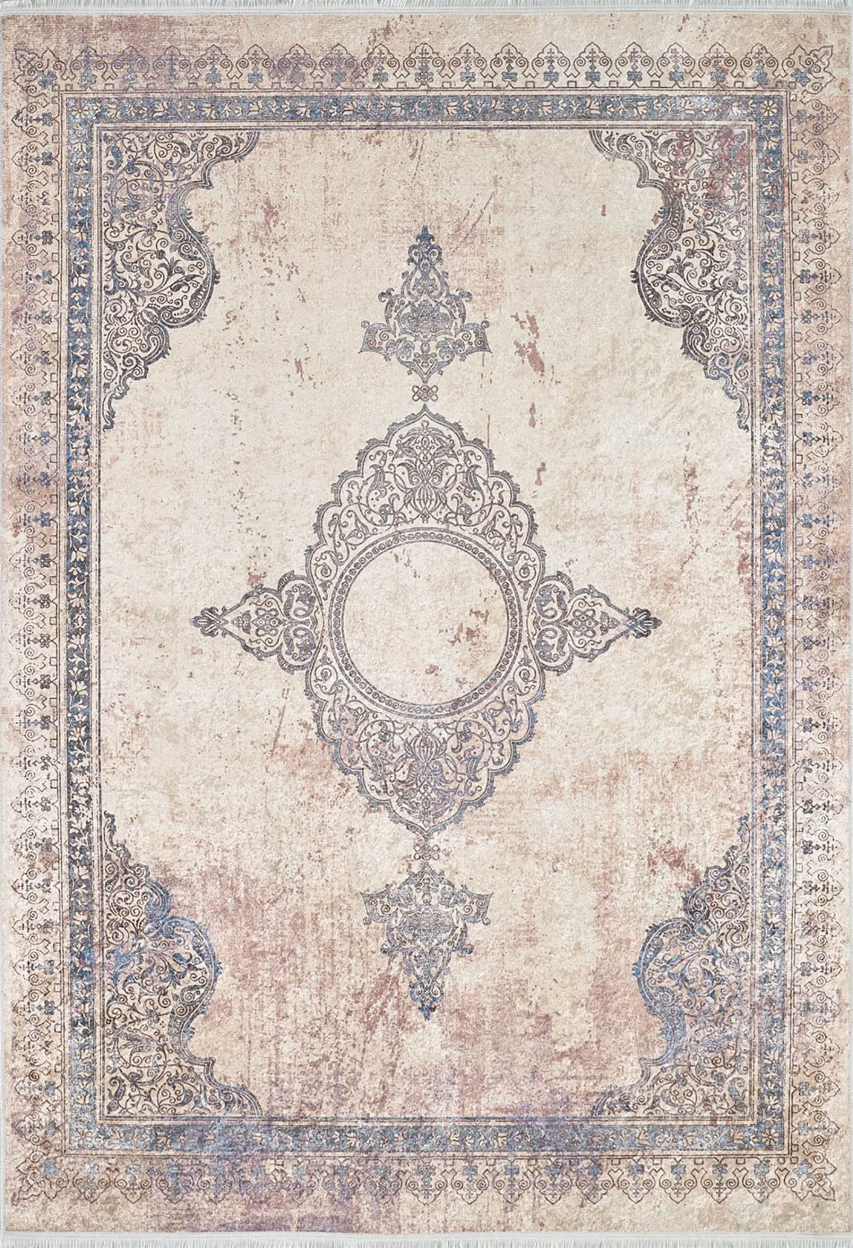 Krem, Mavi ve Bej Yıkanabilir Halı | Vintage Klasik Eskitme Efektli Kilim
