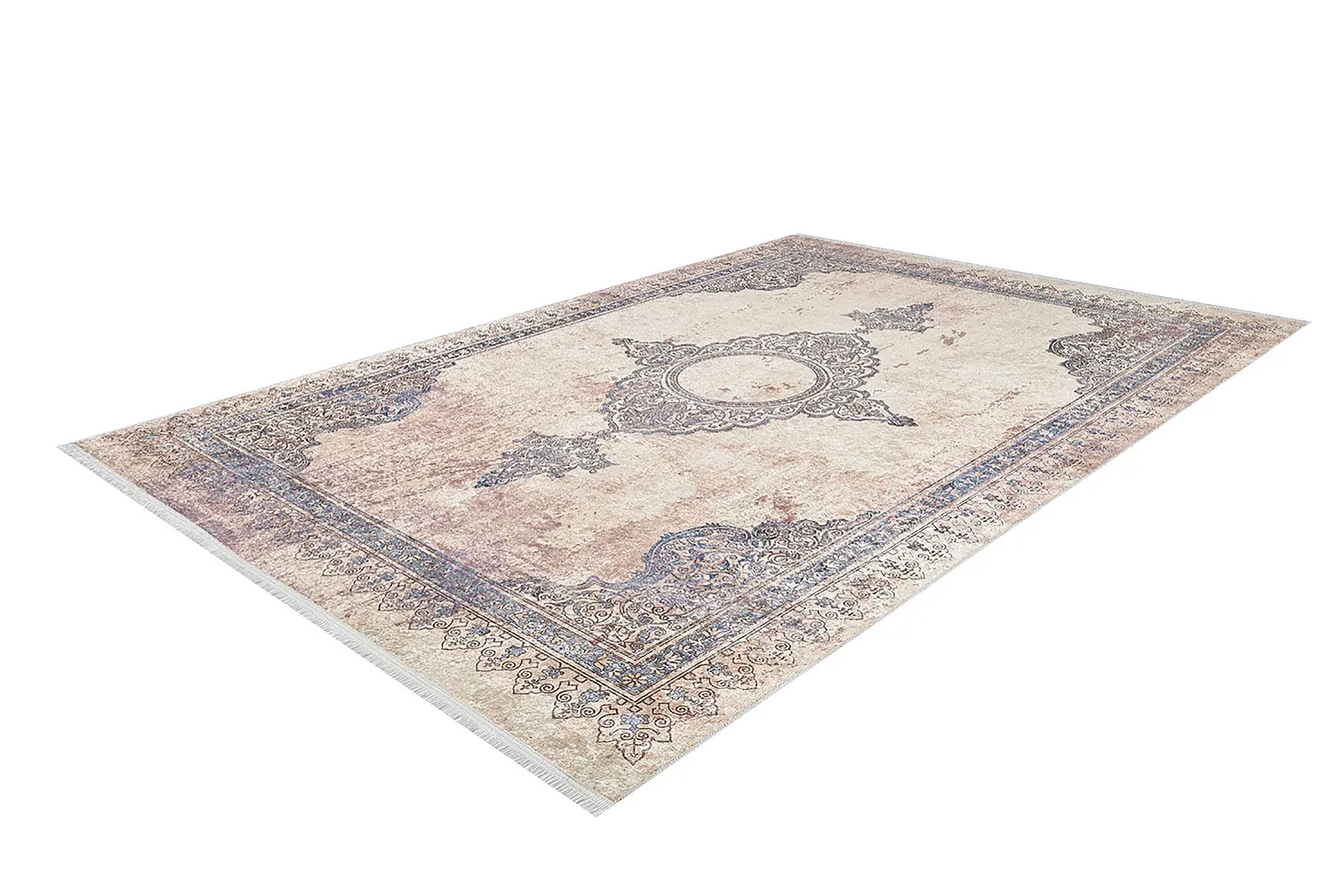 Krem, Mavi ve Bej Yıkanabilir Halı | Vintage Klasik Eskitme Efektli Kilim
