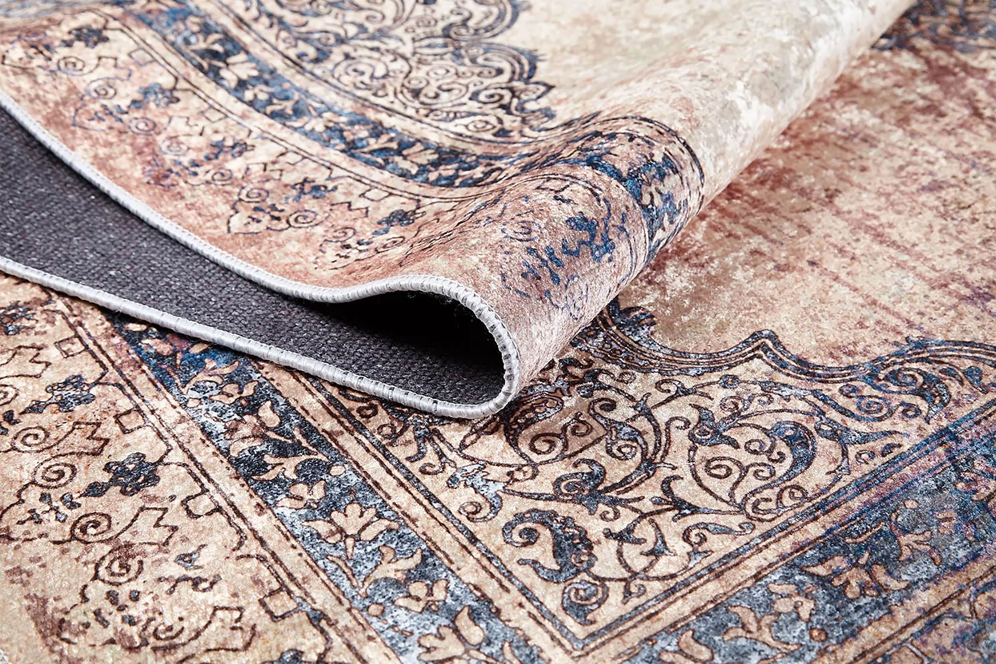 Krem, Mavi ve Bej Yıkanabilir Halı | Vintage Klasik Eskitme Efektli Kilim