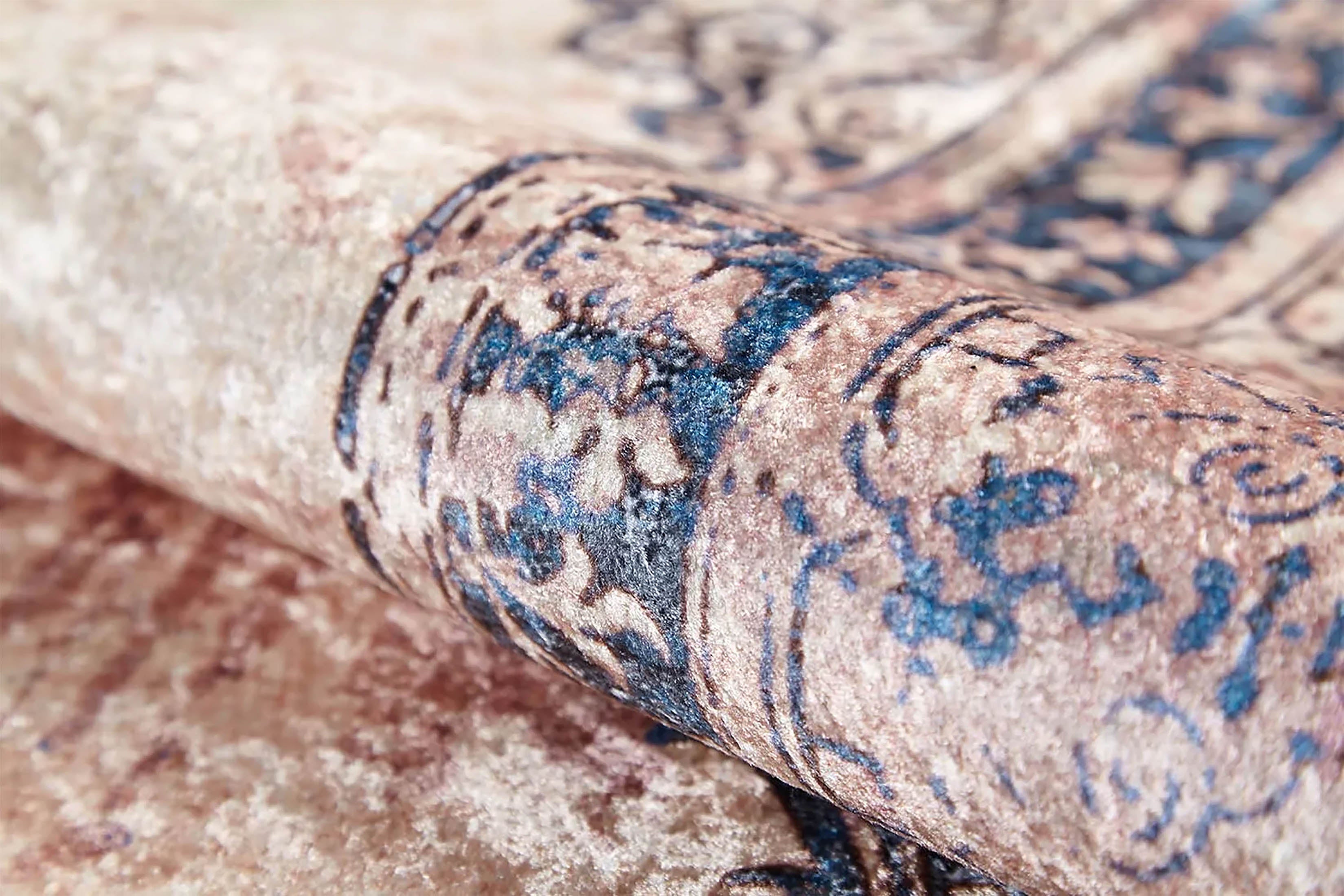Krem, Mavi ve Bej Yıkanabilir Halı | Vintage Klasik Eskitme Efektli Kilim