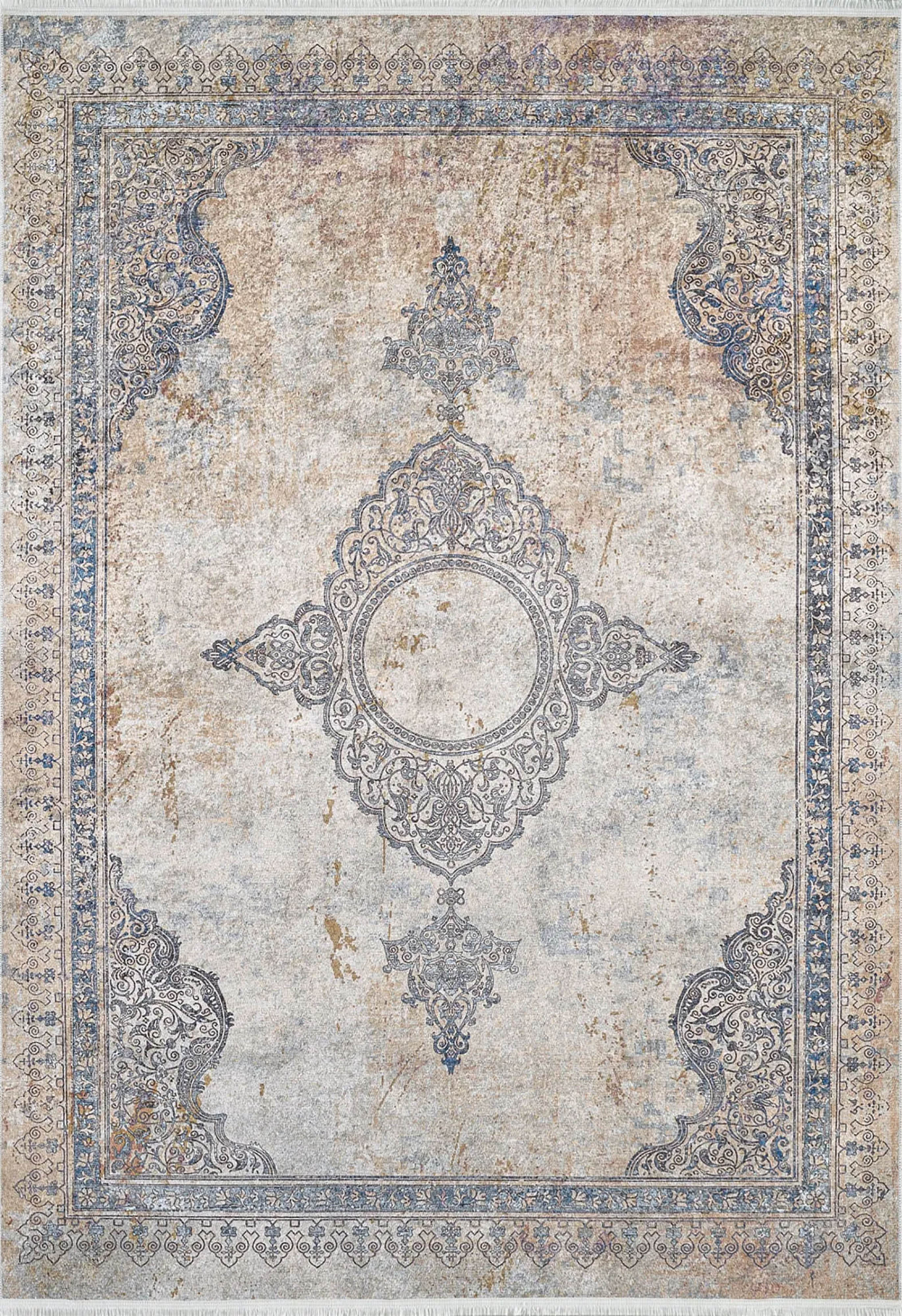 Yıkanabilir Halı | Klasik Medalyon Vintage Eskitme Desenli | Mavi & Bej